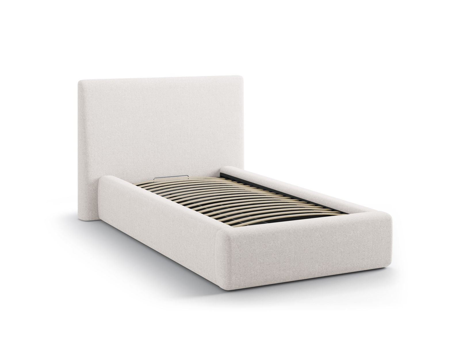 Stylisches Amy Bett in Light Beige mit 90 cm Breite, Kopfteil und cleverem Stauraum für eine funktionale und elegante Schlafumgebung.