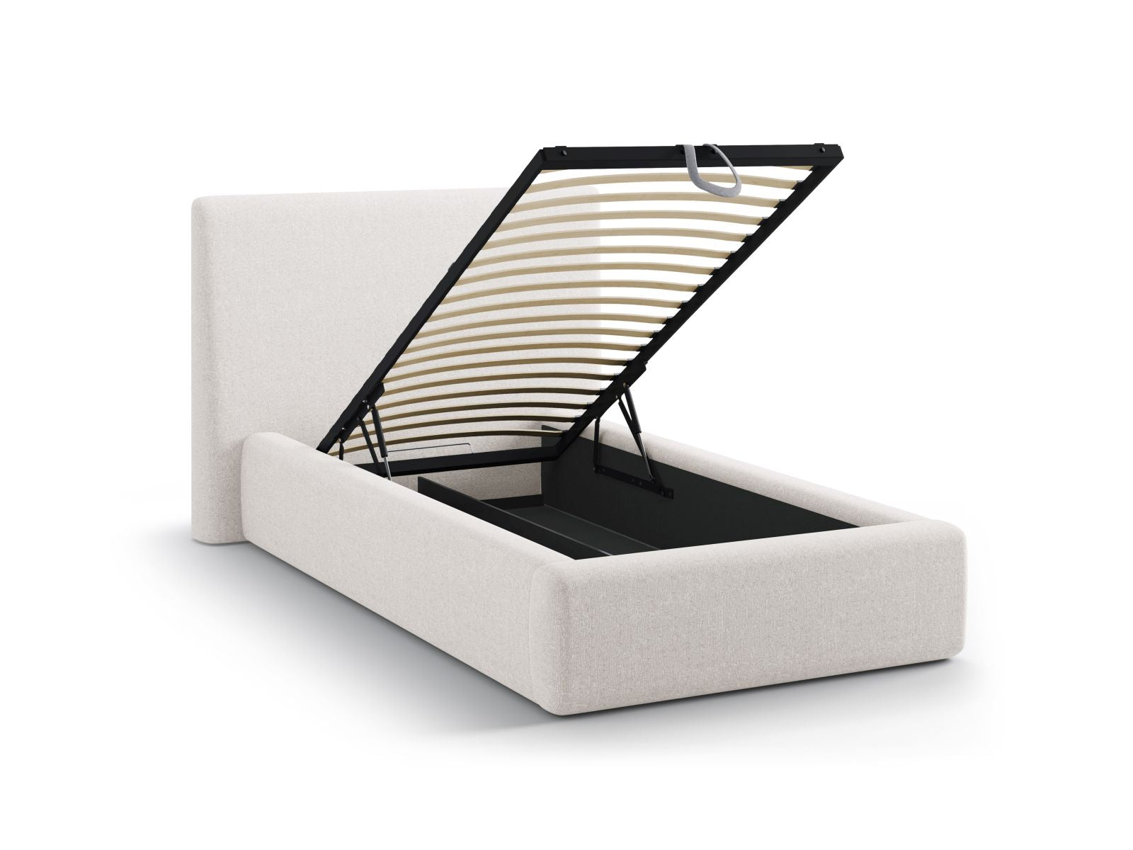 Modernes Amy Bett in sanftem Beige, 90 cm breit, mit praktischem Stauraum und elegantem Kopfteil für stilvolle Schlafzimmergestaltung.