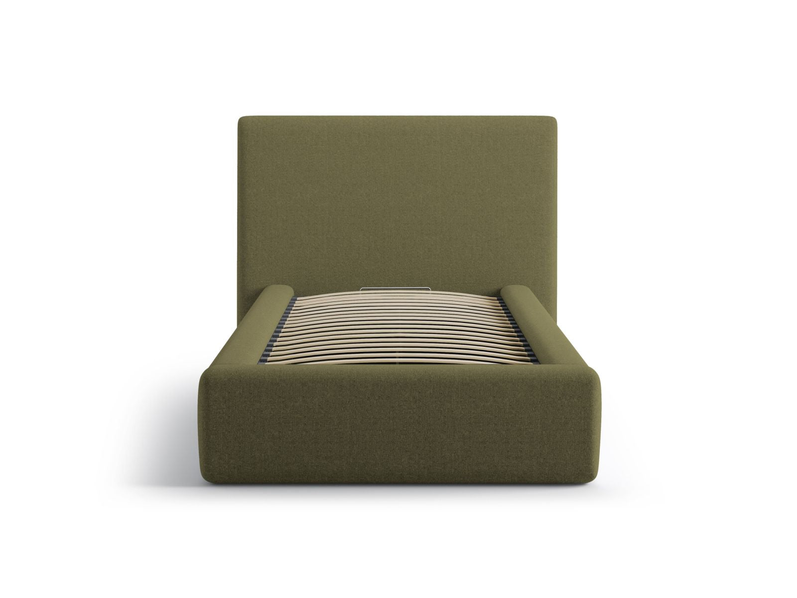 Stylisches Amy Bett mit 90 cm Breite, Stauraum und elegantem Kopfteil in Green-Moly, ideal für moderne Schlafzimmer.