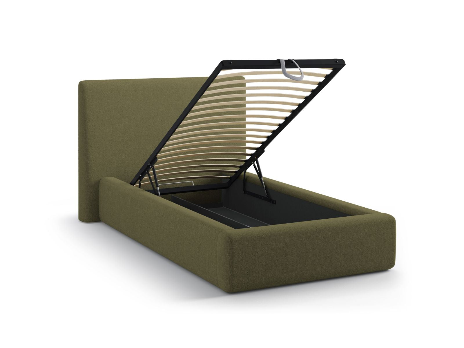 Stylisches Amy Bett mit 90 cm Breite, cleverem Stauraum und elegantem Kopfteil in Green-Moly, perfekt für moderne Schlafzimmer.