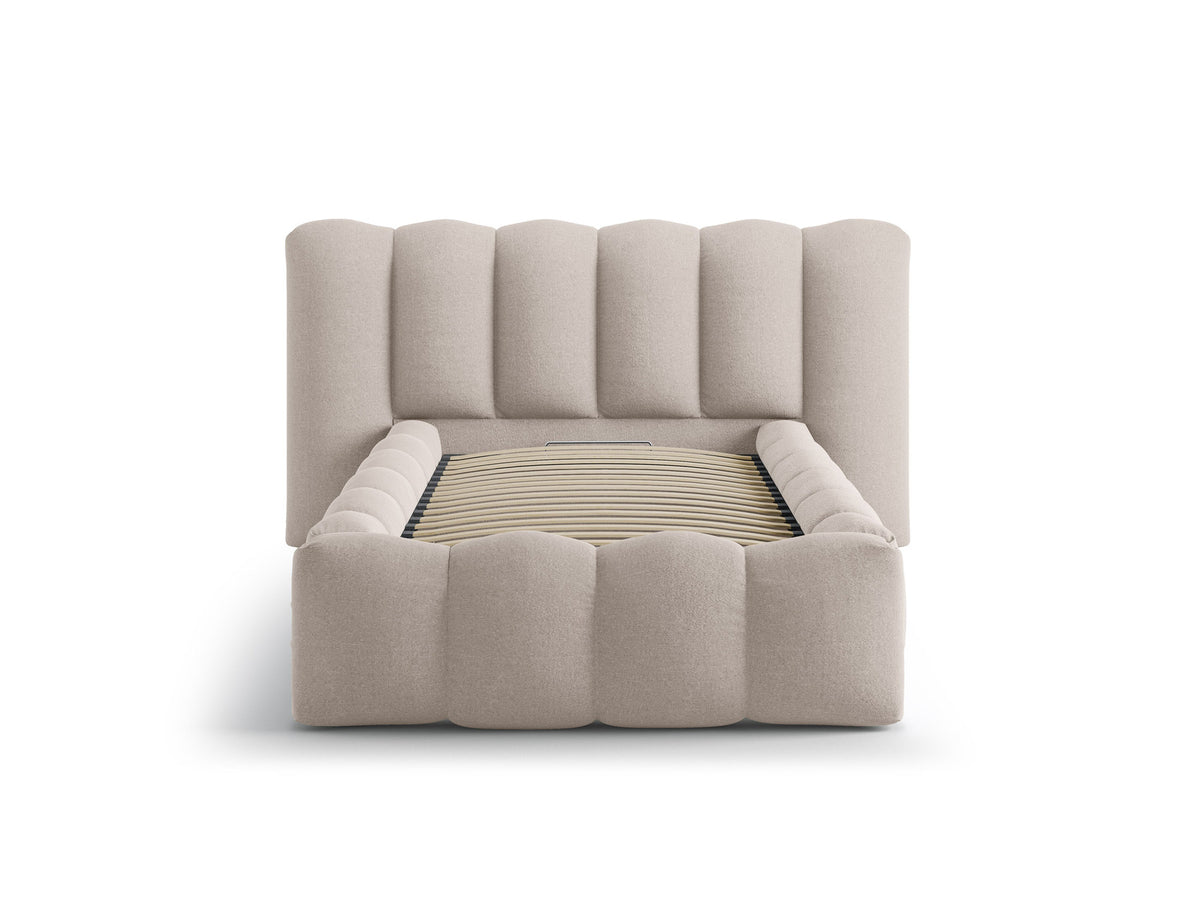 Lupine Stauraumbett mit Kopfteil 90 x 200 cm von Micadoni in Light Beige-Moly, Metallrahmen mit Sperrholzlatten und schwarzen Kunststoffbeinen.