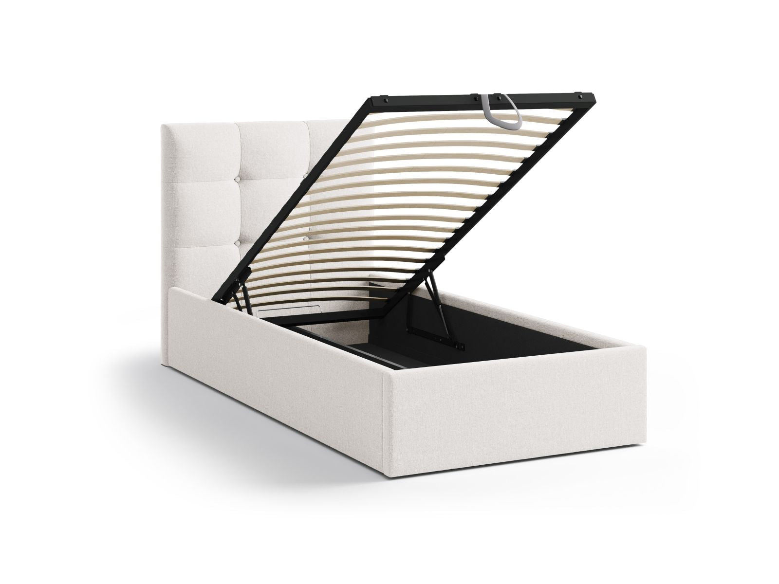 Modernes Phaedra Bett in sanftem Beige, 90 cm breit, ausgestattet mit praktischem Stauraum und einem ansprechenden Kopfteil für stilvolle Akzente.