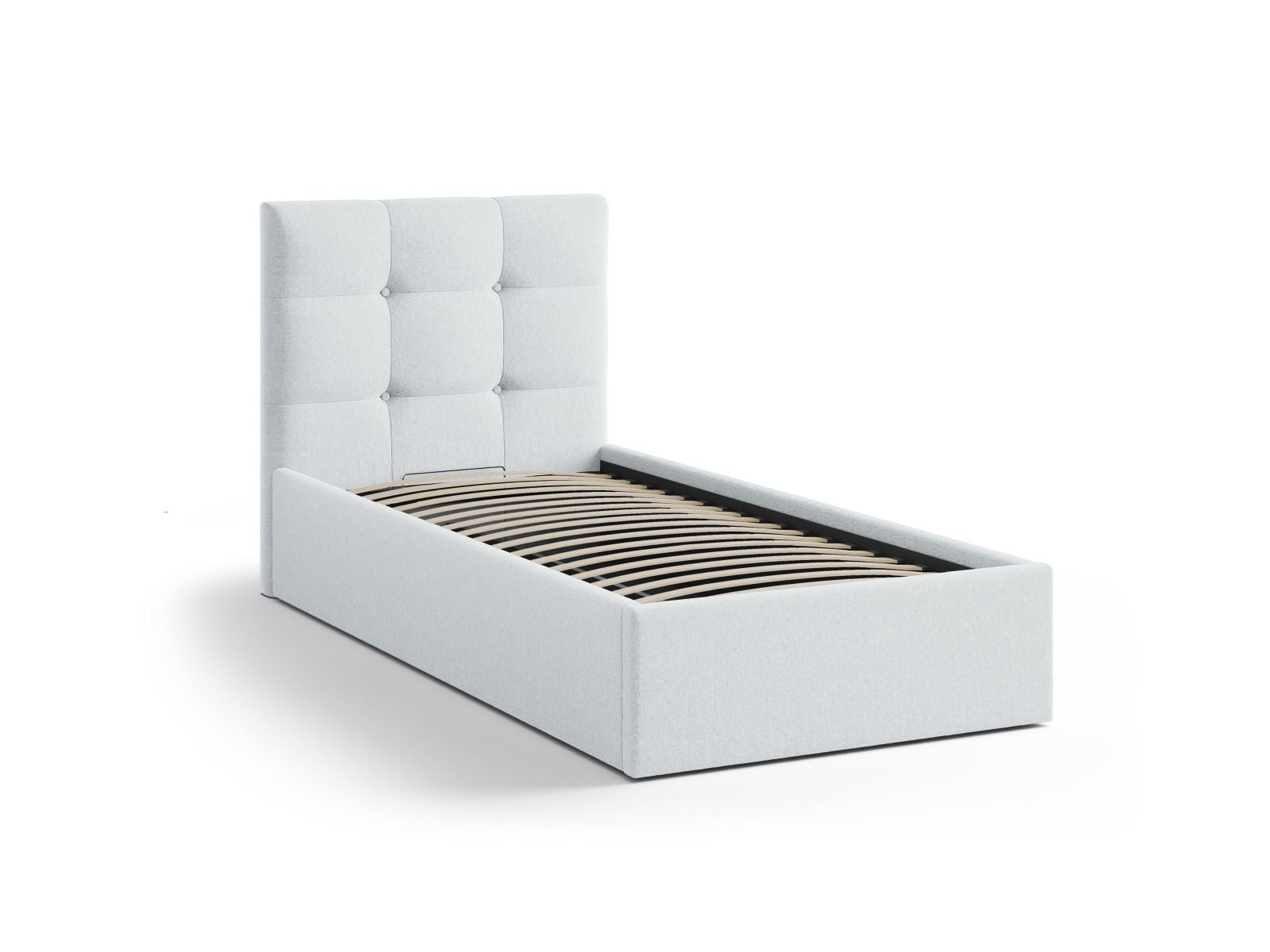 Elegantes Phaedra Bett in hellem Grau, 90 cm, ausgestattet mit praktischem Stauraum und einem geschmackvollen Kopfteil für stilvolle Schlafzimmer.