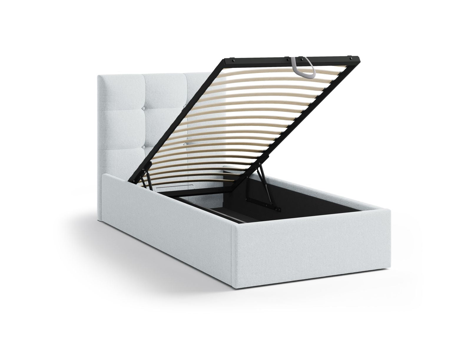 Modernes Phaedra Bett in sanftem Grau, 90 cm, mit integriertem Stauraum und stilvollem Kopfteil für ein elegantes Schlafzimmer.