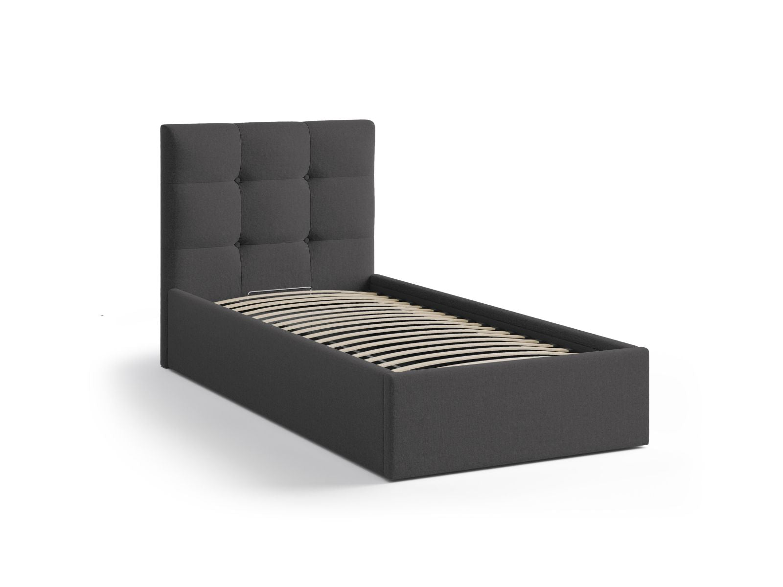 Elegantes Phaedra Bett in Anthrazit, 90 cm breit, bietet cleveren Stauraum und ein ansprechendes Kopfteil für ein modernes Schlafzimmer.