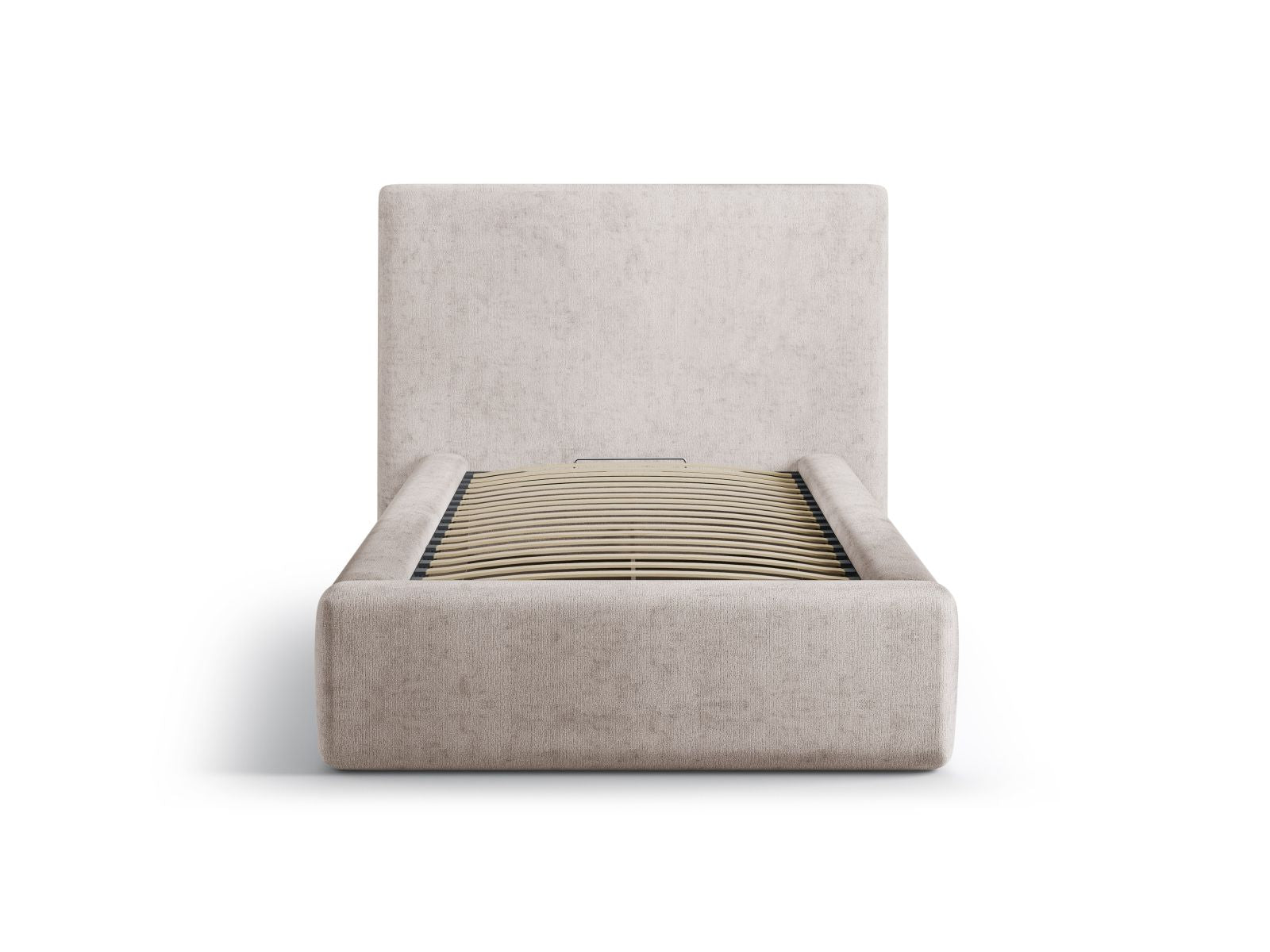 Stylisches Amy Bett mit praktischem Stauraum und elegantem Kopfteil in Beige, ideal für moderne Schlafzimmer. Von Micadoni.