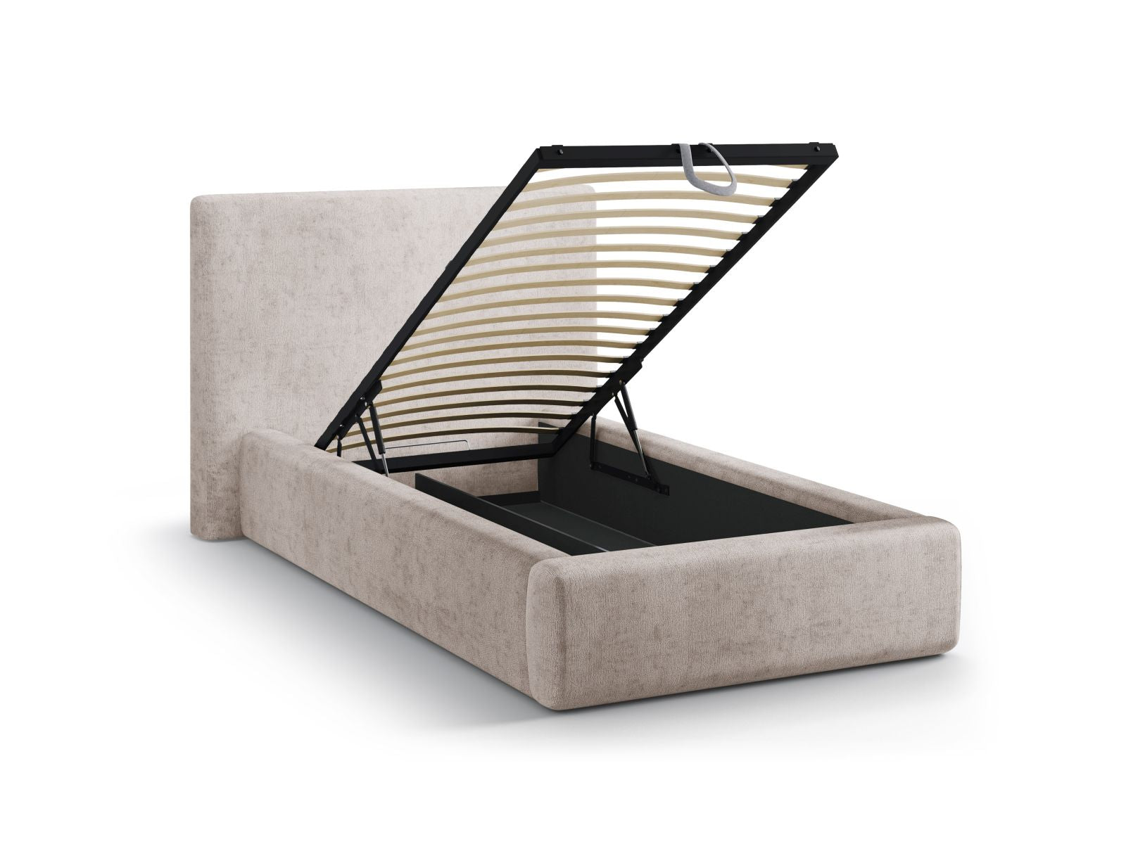 Elegantes Amy Bett in zartem Beige, ideal für stilvolle Schlafzimmer, bietet praktischen Stauraum und ein geschmackvolles Kopfteil.