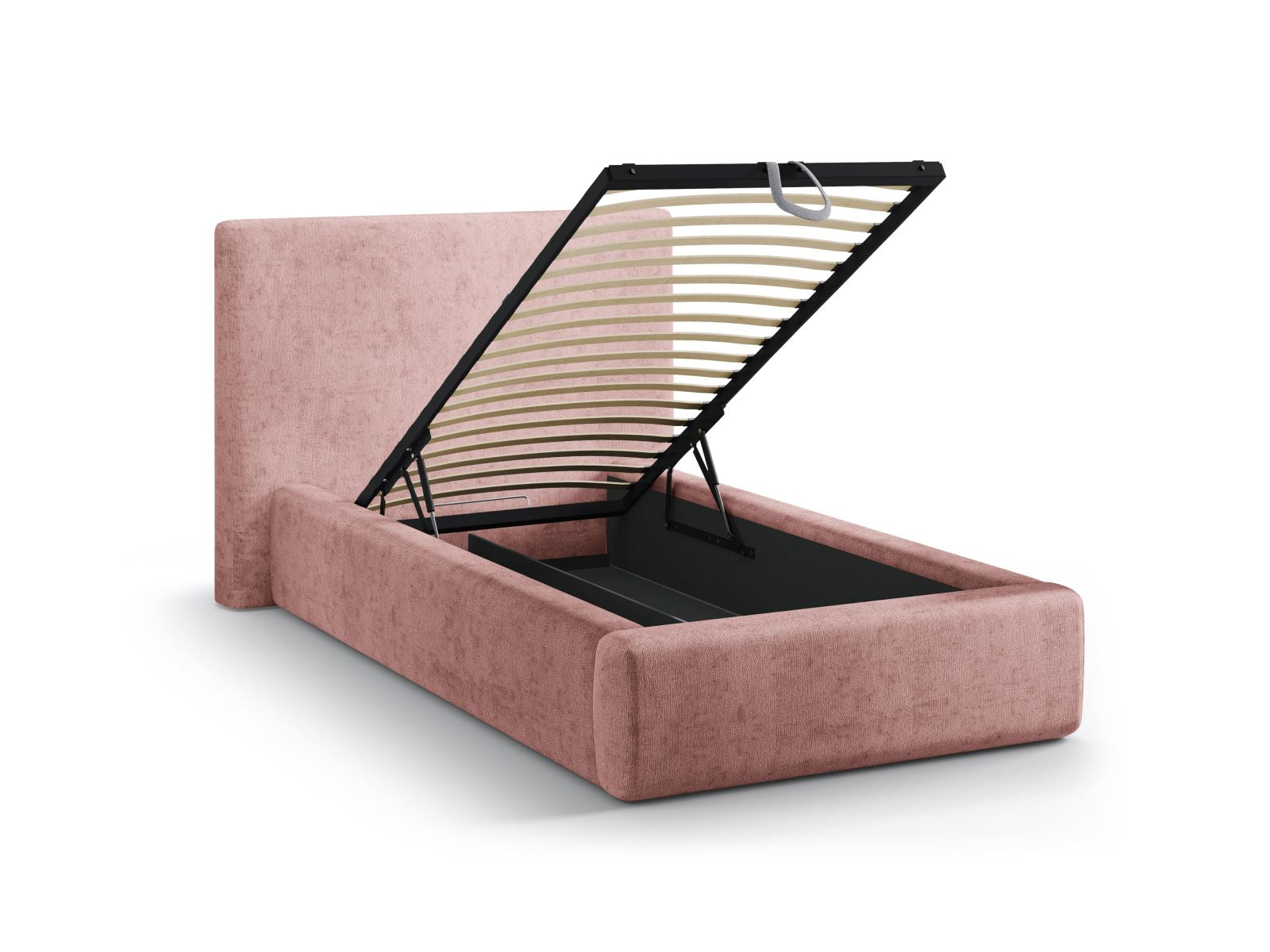Stylisches Amy Bett mit 90 cm Breite, ausgestattet mit praktischem Stauraum und einem ansprechenden Kopfteil in sanftem Rosa.