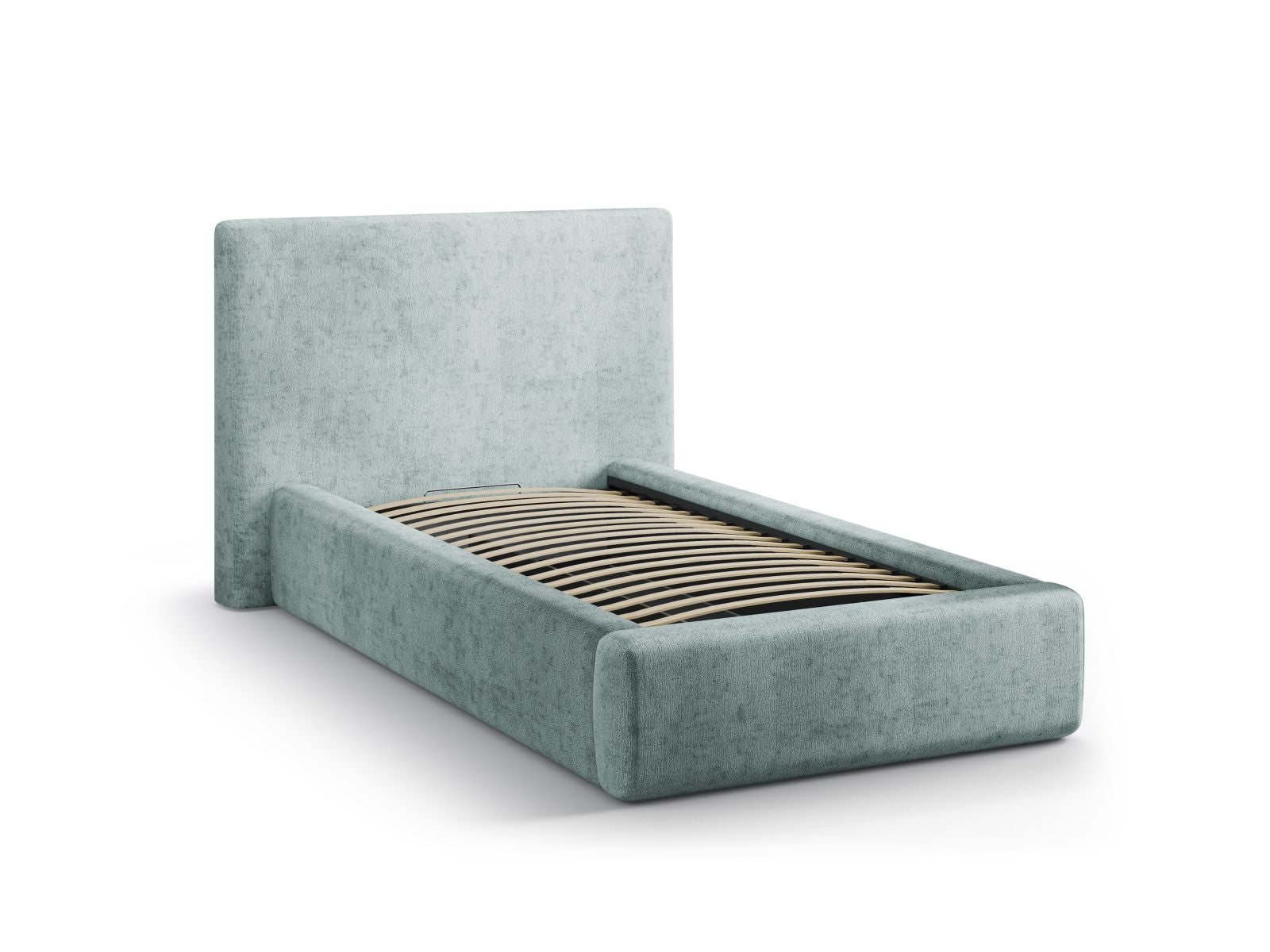 Stylisches Amy Bett in 90 cm Breite, bietet praktischen Stauraum und ein modernes Kopfteil in sanftem Hellblau, ideal für jedes Schlafzimmer.