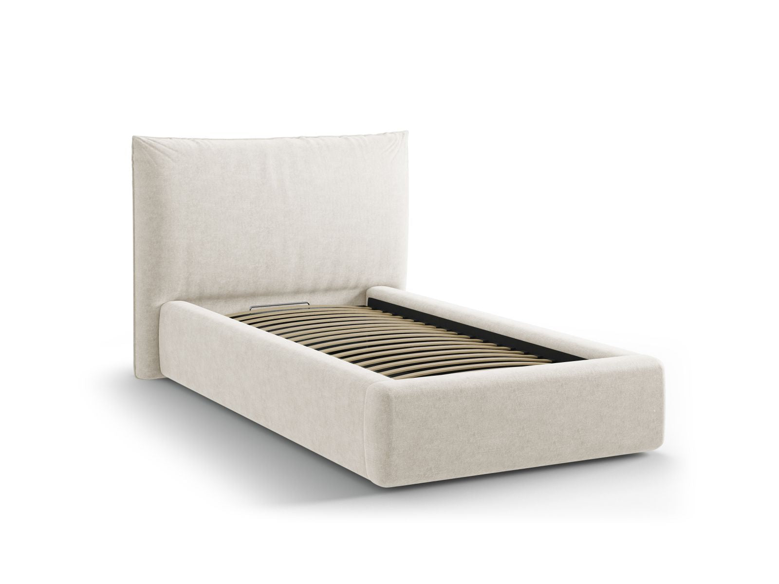 Modernes Kaelle Bett in sanftem Beige, ausgestattet mit praktischem Stauraum und einem ansprechenden Kopfteil für ein stilvolles Schlafzimmer.