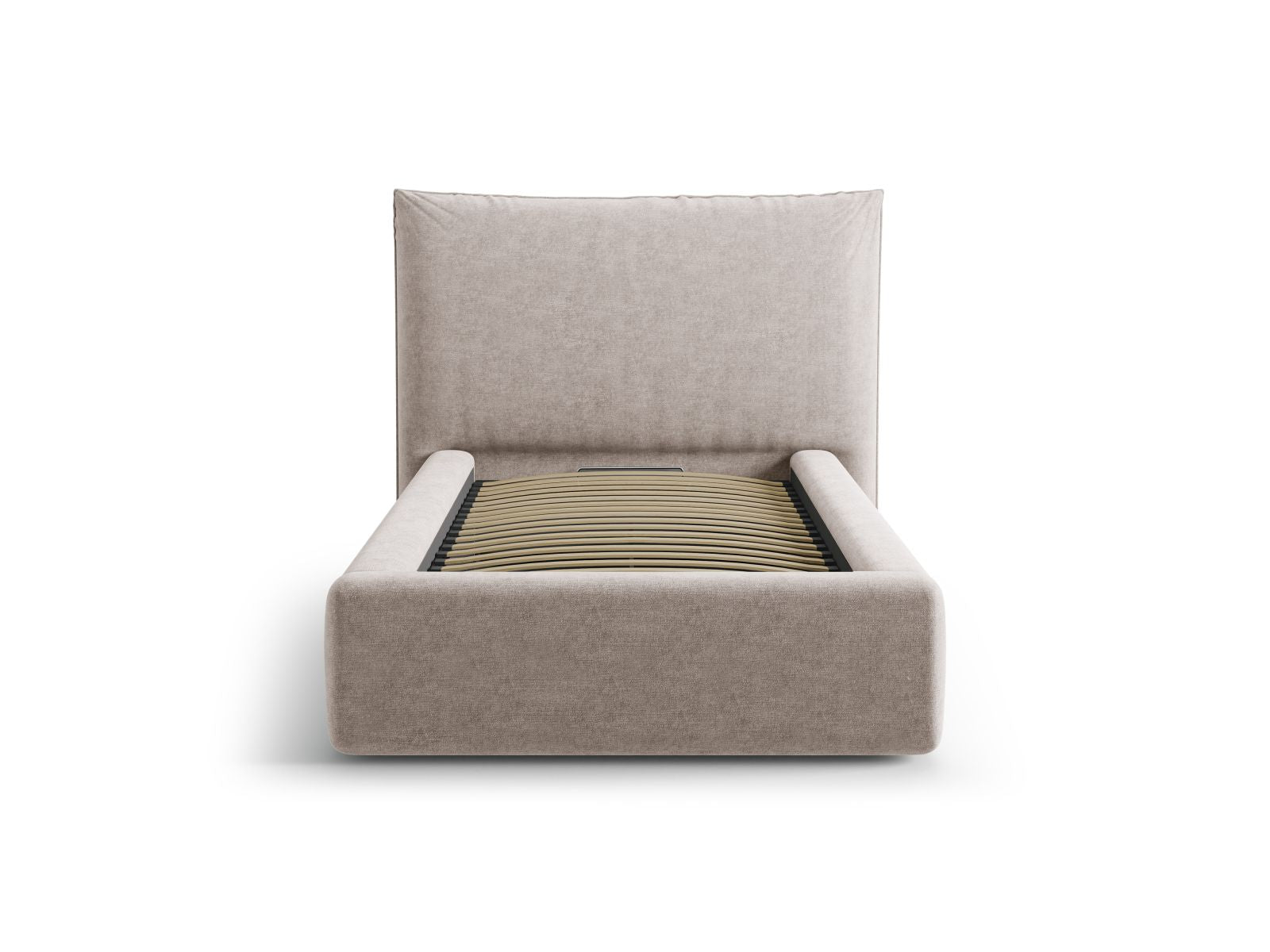 Elegantes Kaelle Bett mit 90 cm Breite, Stauraum und stilvollem Kopfteil in Beige, ideal für moderne Schlafzimmer.