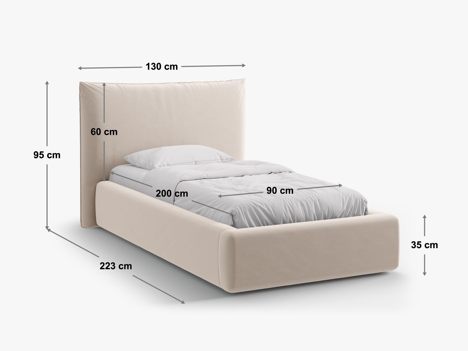 Stylisches Kaelle Bett mit 90 cm Breite, praktischem Stauraum und geschmackvollem Kopfteil in sanftem Beige, perfekt für jedes Schlafzimmer.