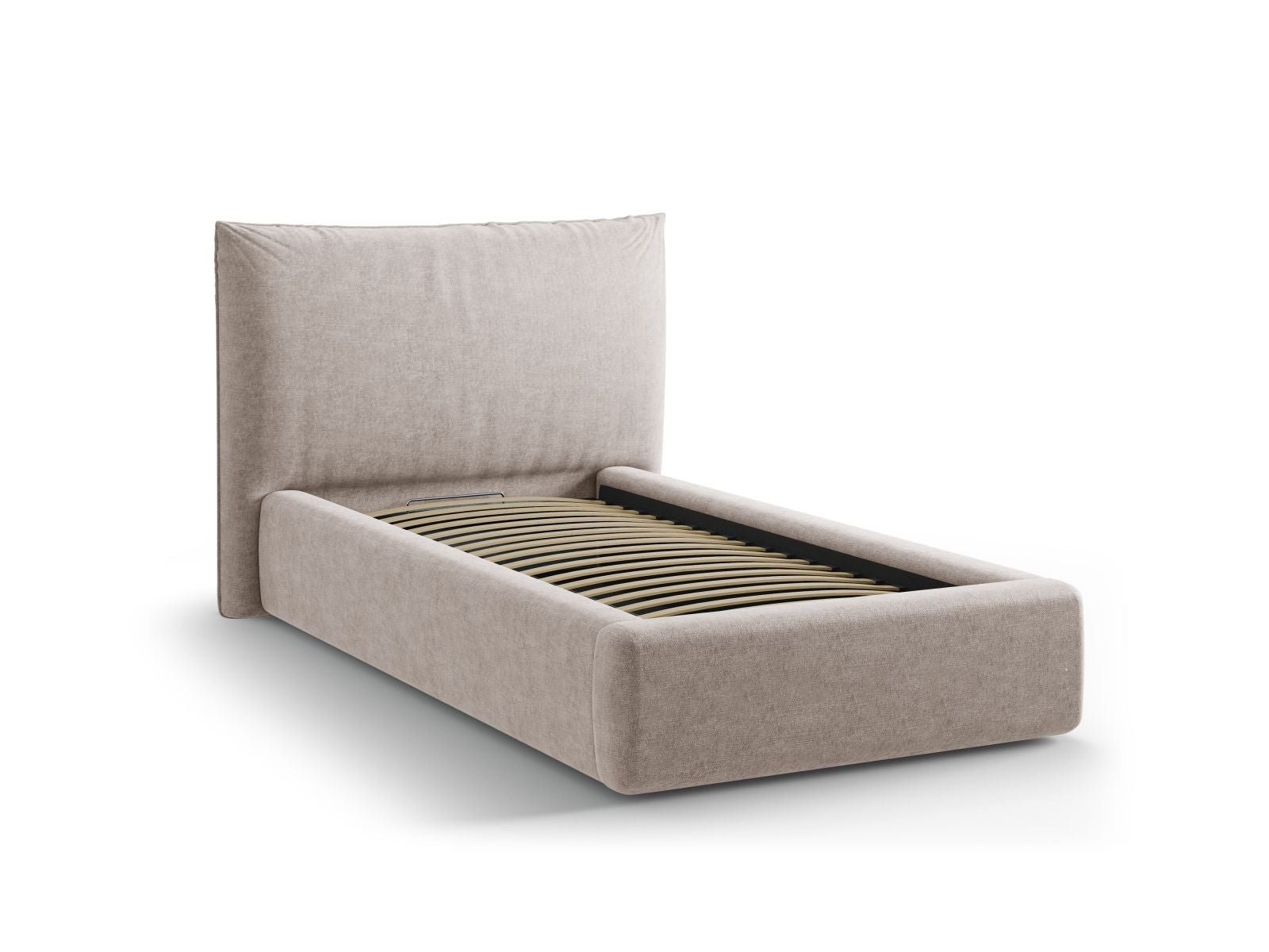 Elegantes Kaelle Bett in 90 cm Breite, ausgestattet mit praktischem Stauraum und einem stilvollen Kopfteil in zartem Beige, ideal für moderne Schlafzimmer.