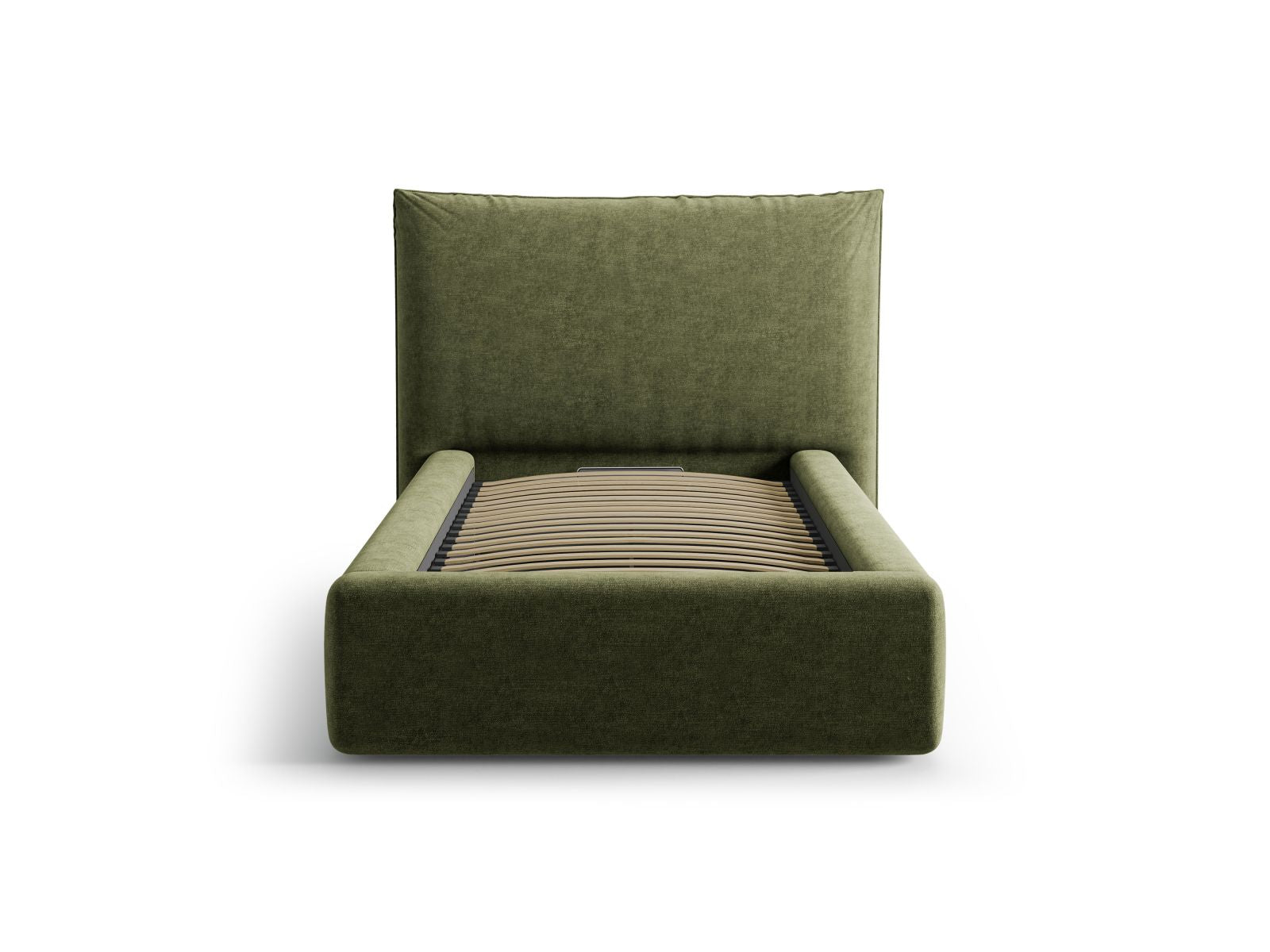 Elegantes Kaelle Bett mit 90 cm Breite, Stauraum und stilvollem Kopfteil in sanftem Grün, ideal für moderne Schlafzimmer.