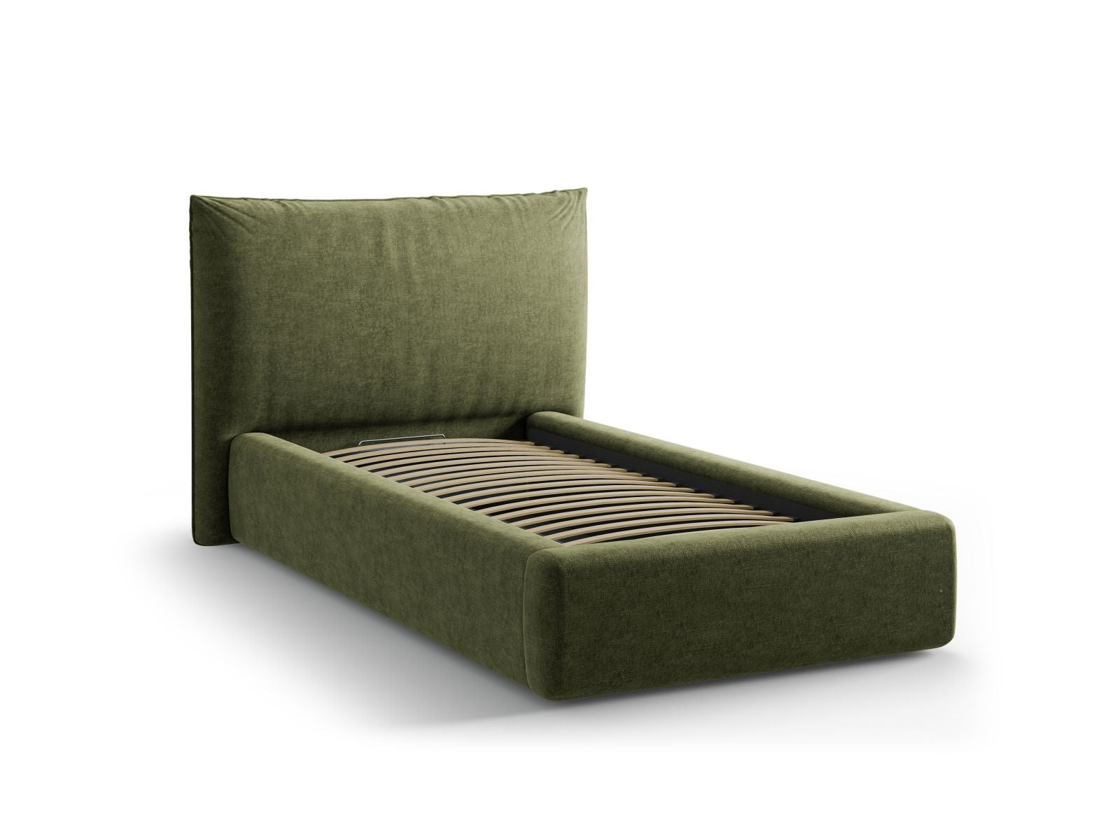 Elegantes Kaelle Bett in sanftem Grün, 90 cm breit, bietet cleveren Stauraum und ein ansprechendes Kopfteil für stilvolle Schlafzimmer.