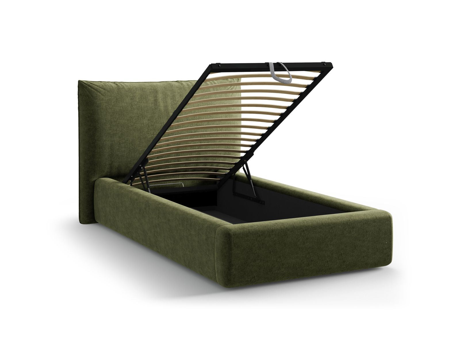 Stylisches Kaelle Bett in zartem Grün, 90 cm, mit praktischem Stauraum und modernem Kopfteil für ein gemütliches Ambiente.