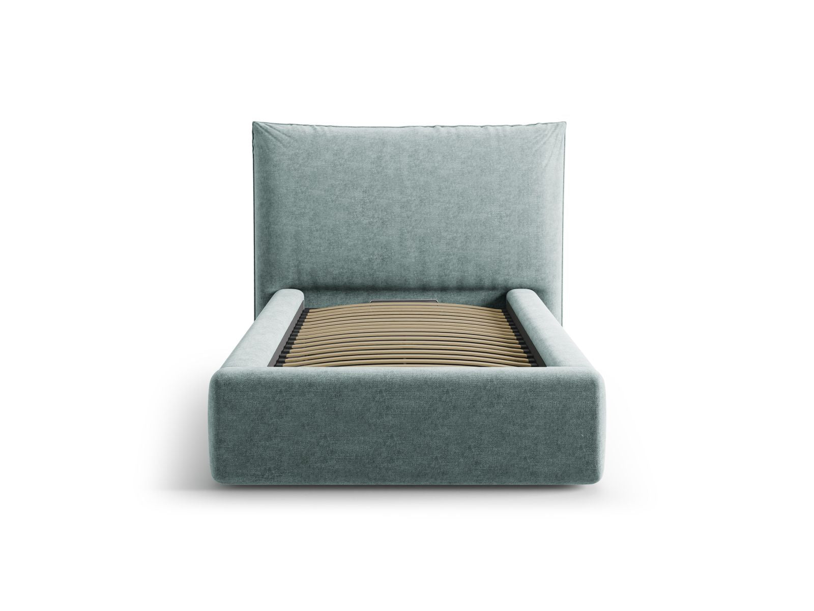 Stylisches Kaelle Bett mit praktischem Stauraum und elegantem Kopfteil in sanftem Hellblau, ideal für moderne Schlafzimmer.
