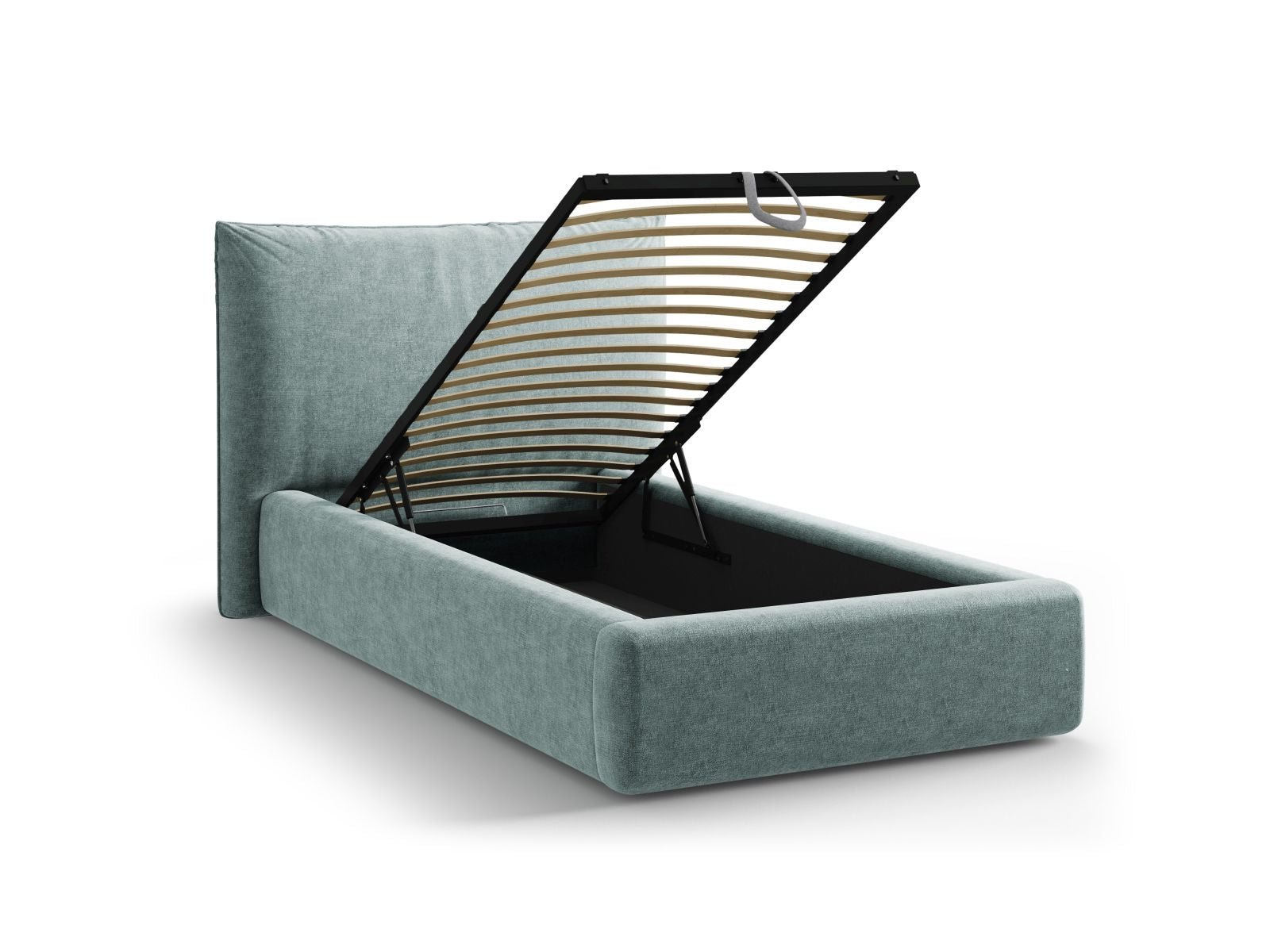 Elegantes Kaelle Bett mit 90 cm Breite, ausgestattet mit einem modernen Kopfteil und cleverem Stauraum, perfekt für kompakte Schlafzimmer.