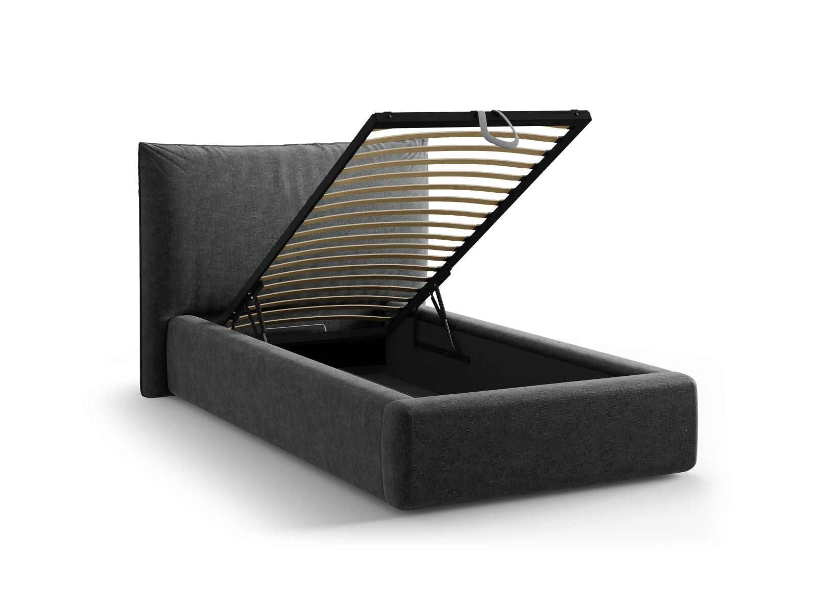 Elegantes Kaelle Bett in Dunkelgrau, 90 cm, mit komfortablem Kopfteil und praktischem Stauraum für mehr Ordnung im Schlafzimmer.
