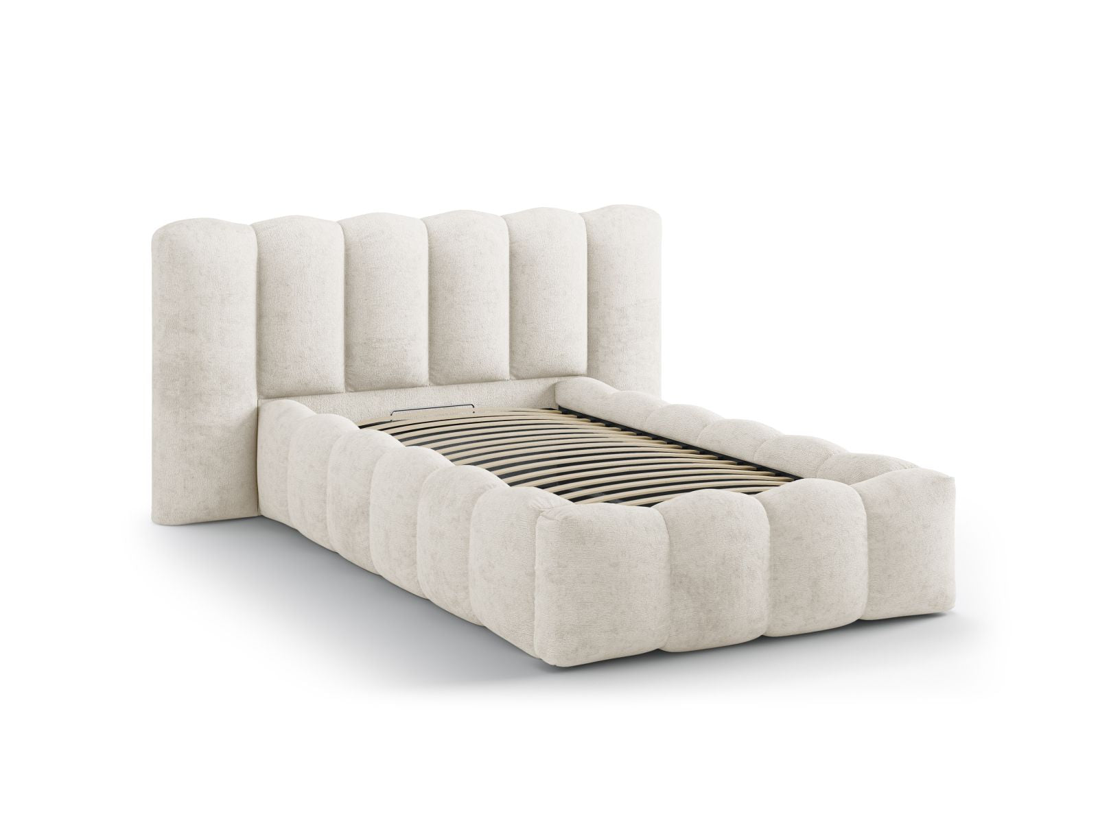 Elegantes Micadoni Bett Lupine in 90 cm Breite, bietet cleveren Stauraum und ein stilvolles Kopfteil in zartem Beige für Ihr Schlafzimmer.