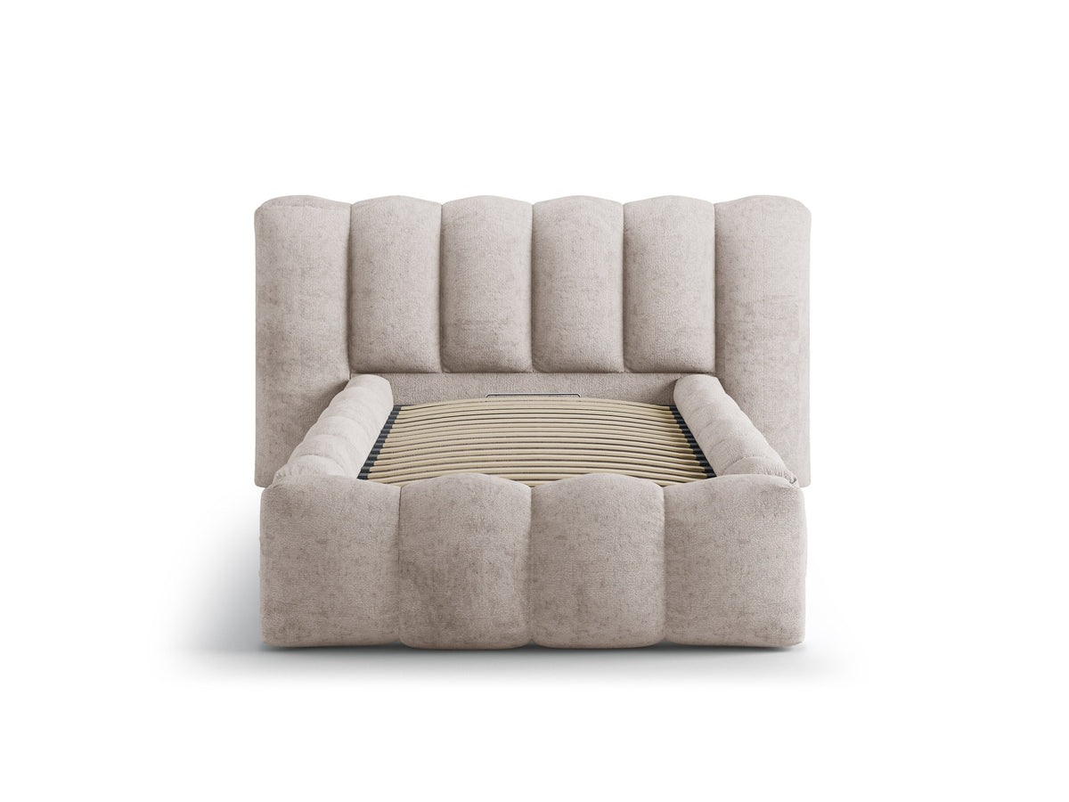Lupine Stauraumbett mit Kopfteil 90 x 200 cm von Micadoni in Light Beige-Moly, Metallrahmen mit Sperrholzlatten und schwarzen Kunststoffbeinen.