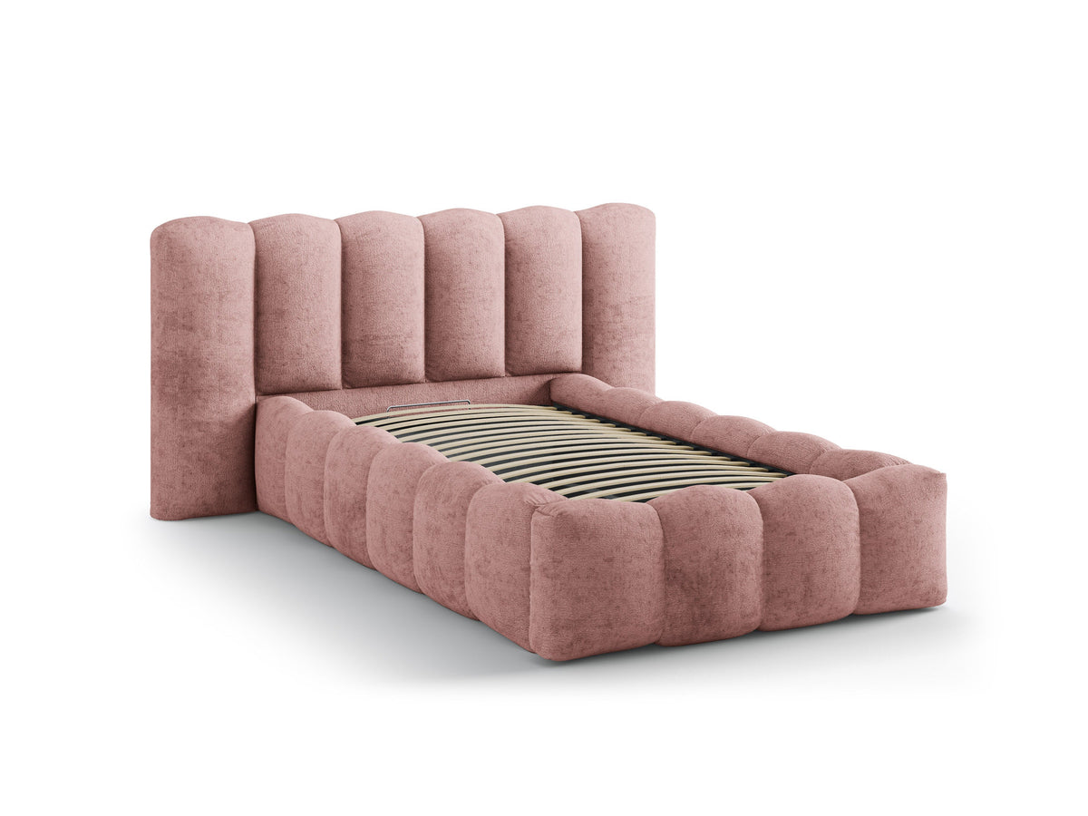 Lupine Stauraumbett mit Kopfteil 90 x 200 cm von Micadoni in Light Beige-Moly, Metallrahmen mit Sperrholzlatten und schwarzen Kunststoffbeinen.