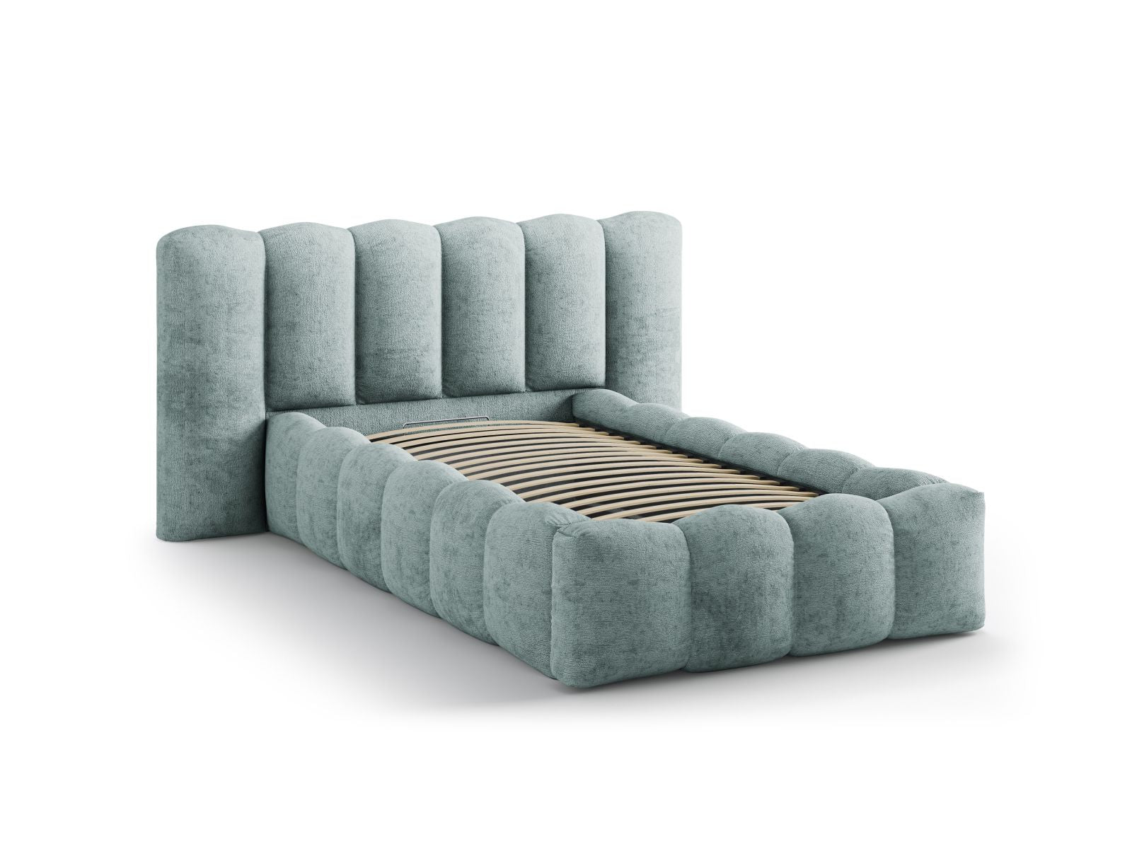 Stylisches Micadoni Bett Lupine in 90 cm Breite, bietet cleveren Stauraum und ein elegantes Kopfteil in sanftem Hellblau.