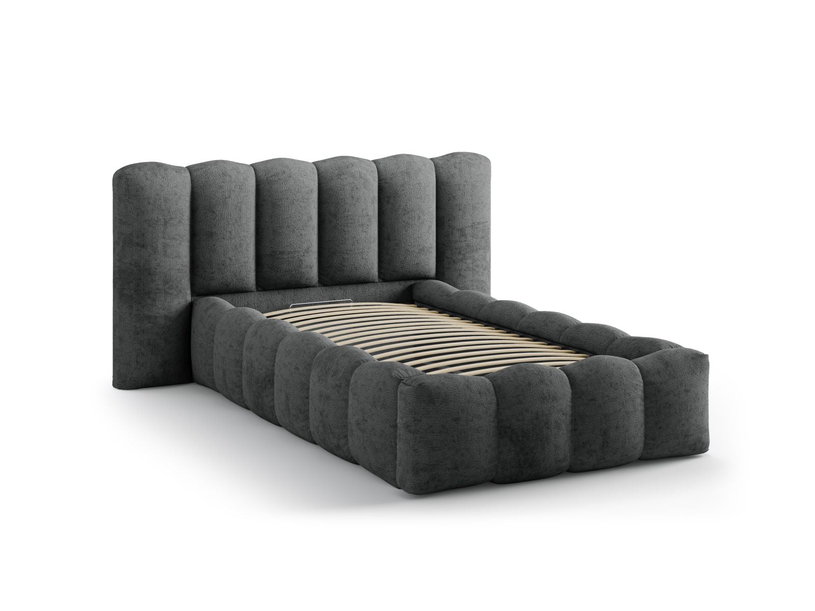 Elegantes Lupine Bett in Dunkelgrau, ausgestattet mit praktischem Stauraum und einem geschmackvollen Kopfteil für ein modernes Schlafzimmer.
