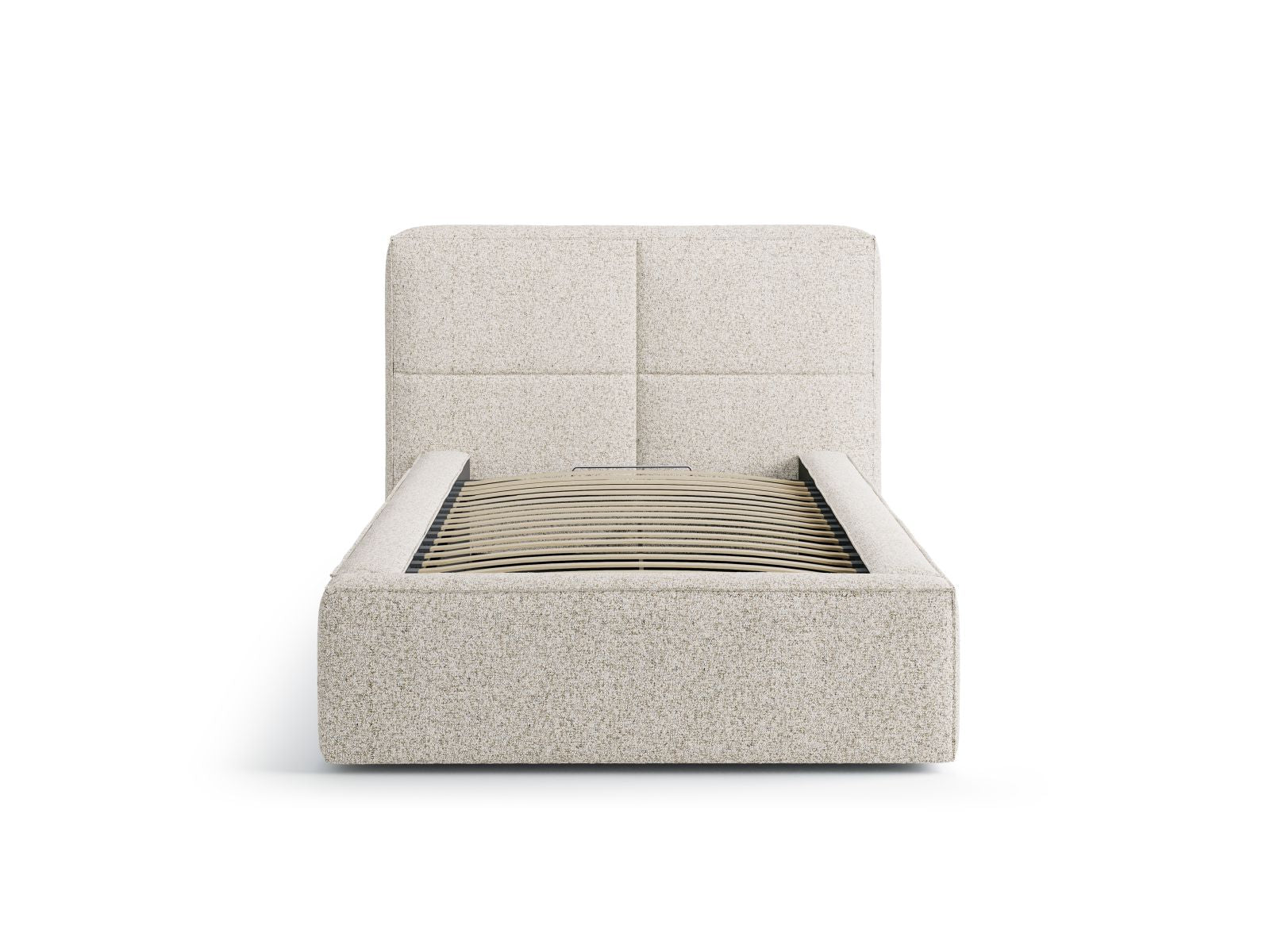 Beige Melange-Puente Darren Bett mit praktischem Stauraum und elegantem Kopfteil, ideal für stilvolle Schlafzimmergestaltung.