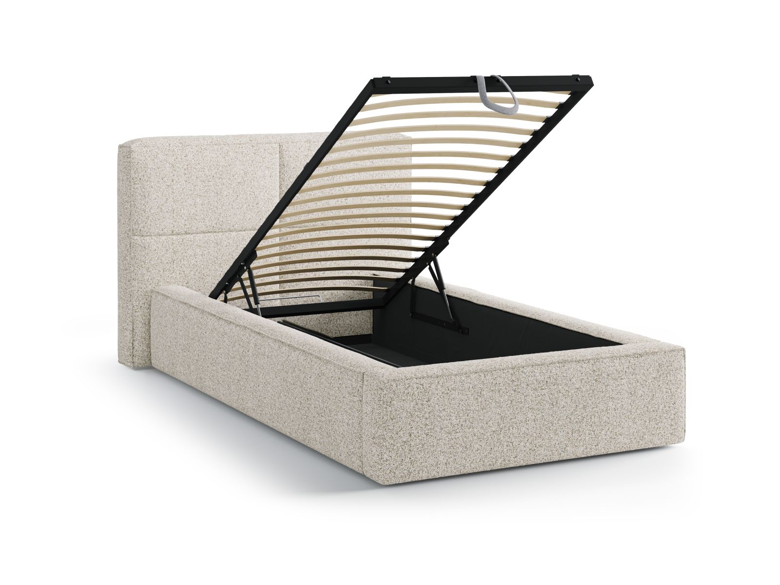 Stylisches Bett Darren mit 90 cm Breite, ausgestattet mit praktischem Stauraum und einem modernen Kopfteil in sanftem Beige.