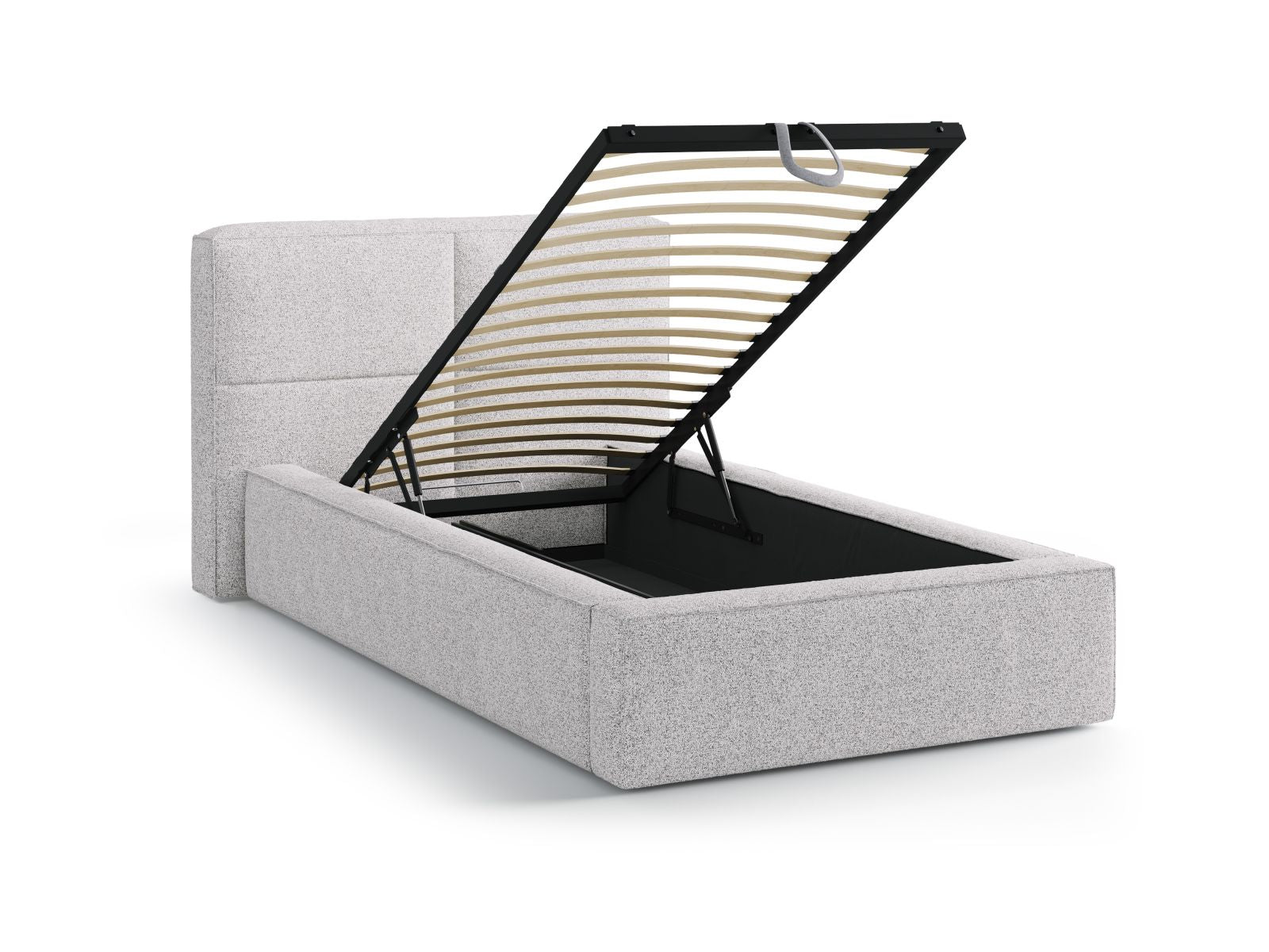 Modernes 90 cm Bett Darren von Micadoni, ausgestattet mit elegantem Kopfteil und praktischem Stauraum in stilvollem Light Grey Melange.
