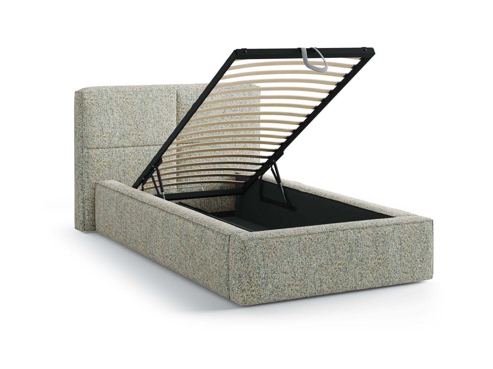 Elegantes 90 cm Bett Darren mit Kopfteil und integriertem Stauraum, in trendigem Moss Green Melange für ein modernes Schlafzimmer.