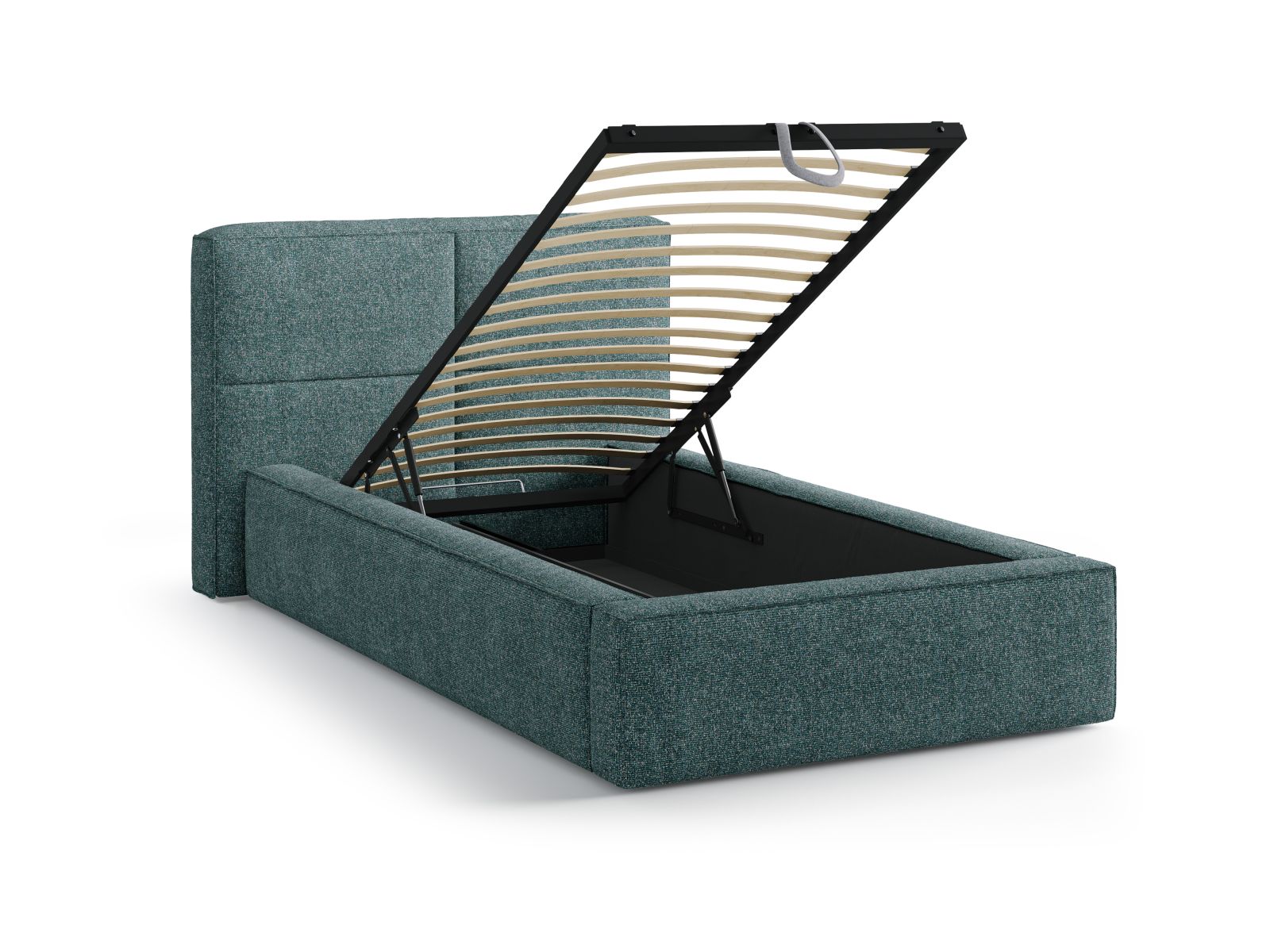 Stylisches Bett Darren mit 90 cm Kopfteil und integriertem Stauraum in elegantem Green Blue Melange, perfekt für moderne Schlafzimmer.