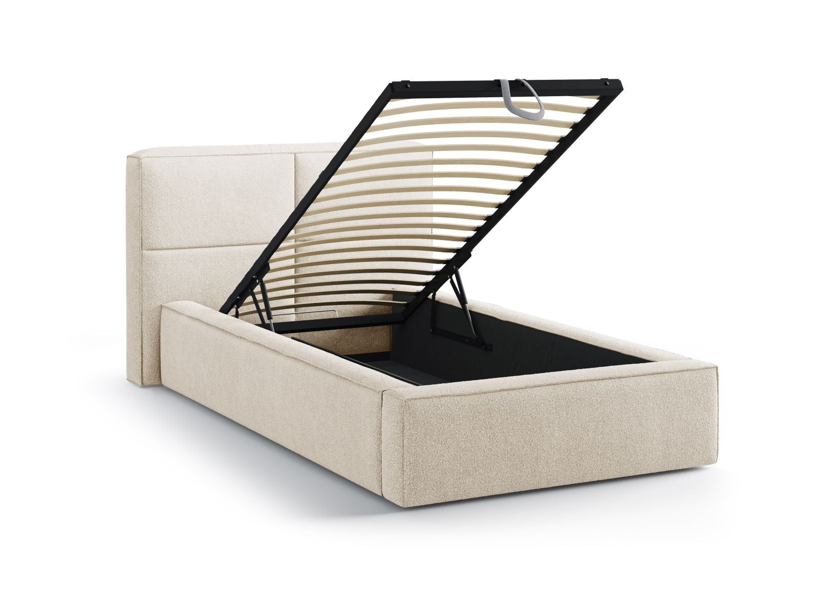 Modernes Bett Darren mit 90 cm Kopfteil und integriertem Stauraum in neutralem Beige, perfekt für funktionale und stilvolle Schlafräume.