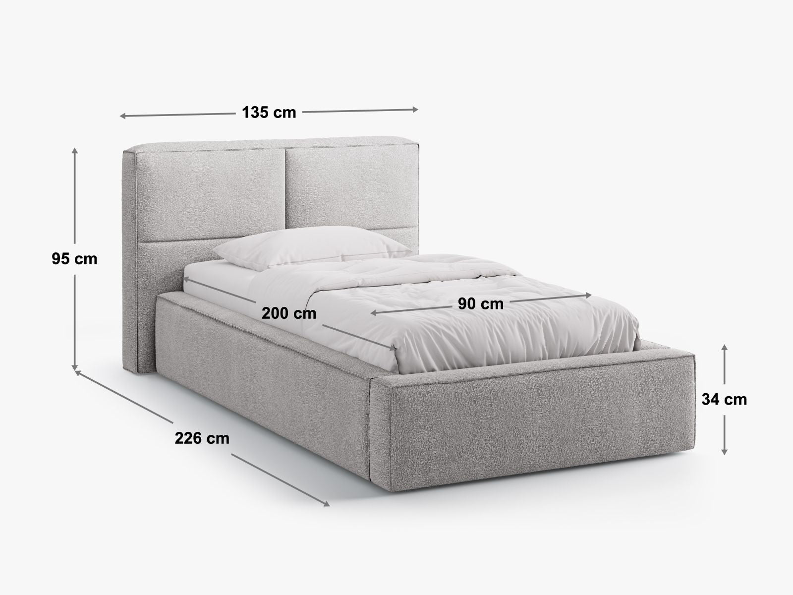 Elegantes Bett Darren mit 90 cm hohem Kopfteil und integriertem Stauraum in Grau-Braun, perfekt für stilvolle Schlafzimmerlösungen.