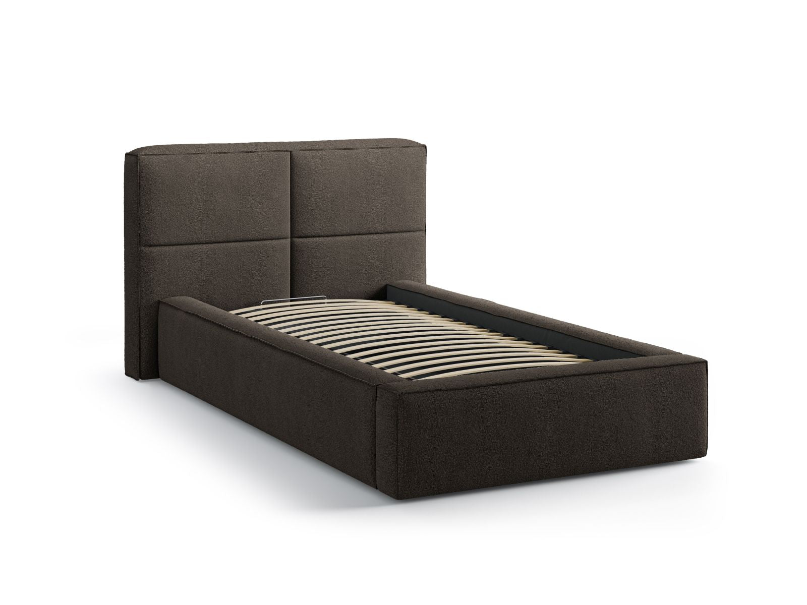 Modernes Bett Darren mit 90 cm Kopfteil und praktischem Stauraum in Grau-Braun, ideal für funktionale und stilvolle Schlafräume.