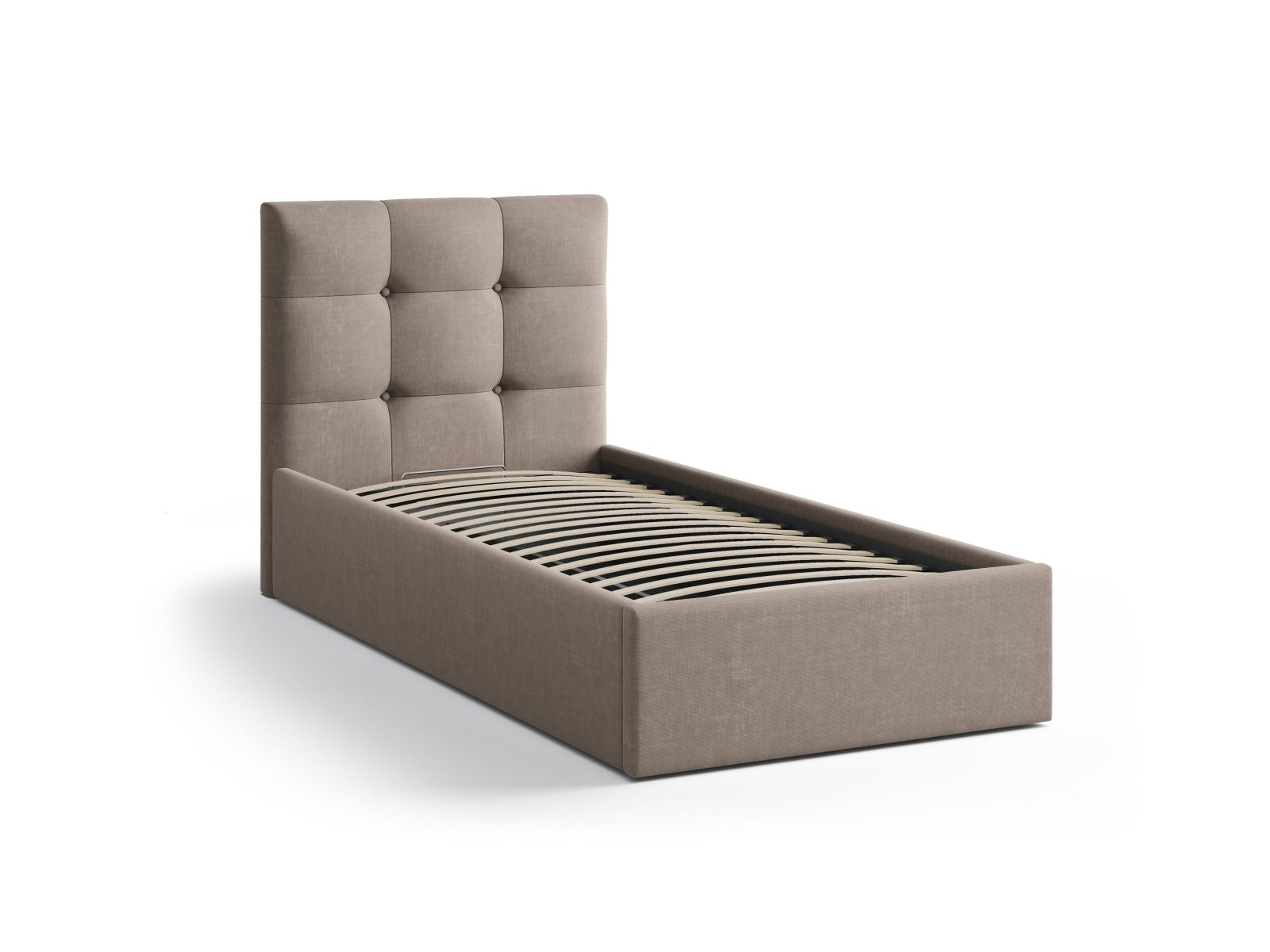 Elegantes Phaedra Bett mit 90 cm Breite, ausgestattet mit Stauraum und stilvollem Kopfteil, ideal für kleine Räume von Micadoni.