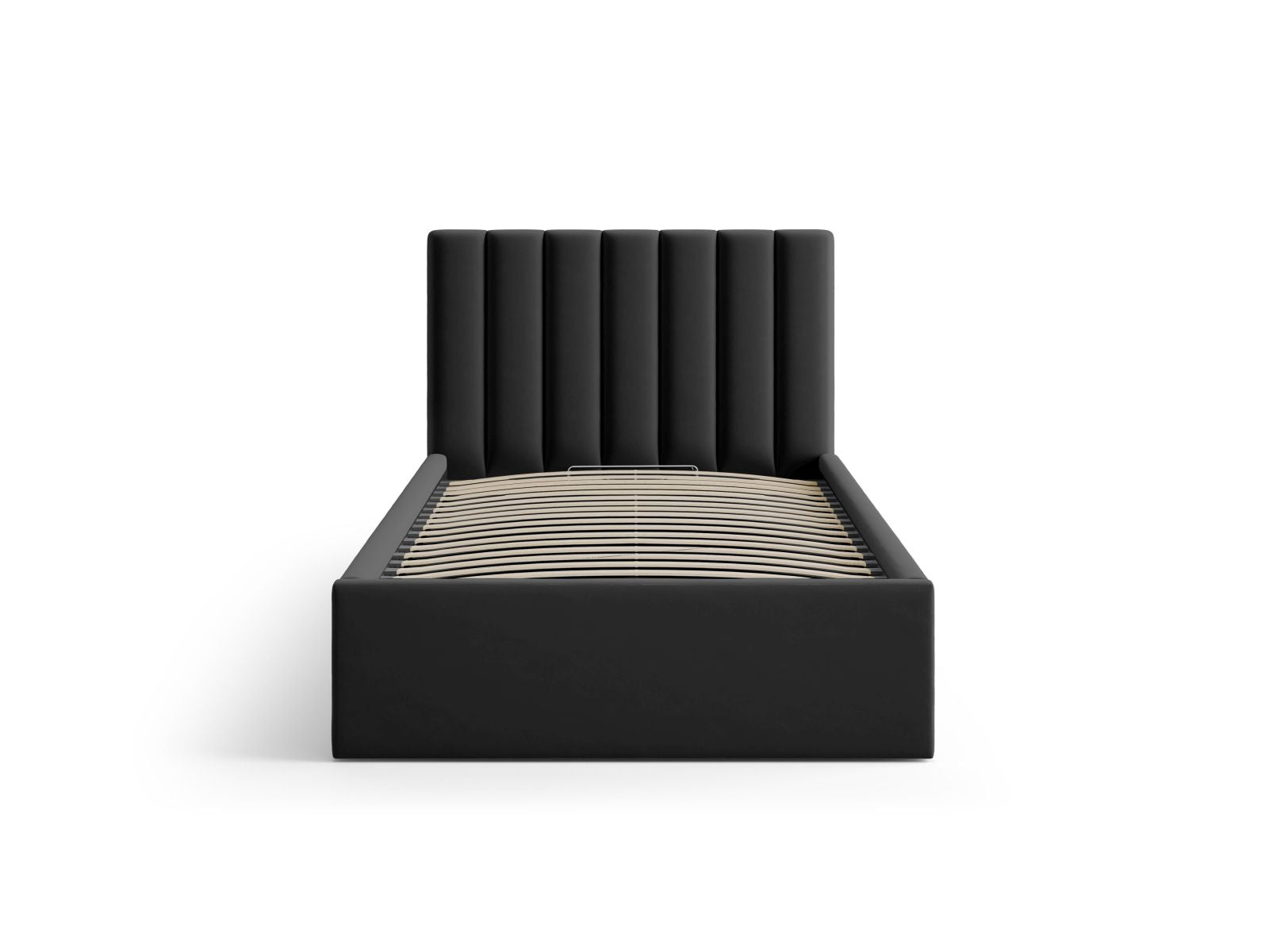 Elegantes Allison Bett mit 90 cm Breite, Stauraum und Kopfteil in Black-Bluvel, ideal für stilvolle Schlafzimmerlösungen.