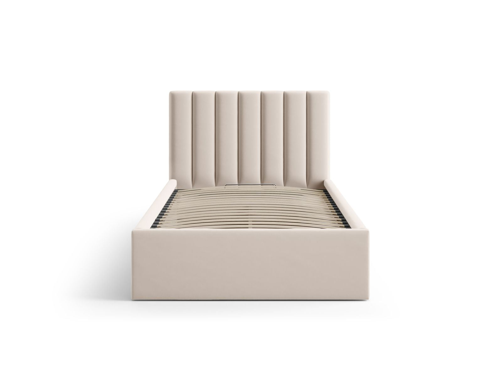 Elegantes Allison Bett mit 90 cm Breite, Stauraum und Kopfteil in stilvollem Dark Beige-Bluvel, ideal für moderne Schlafzimmer.