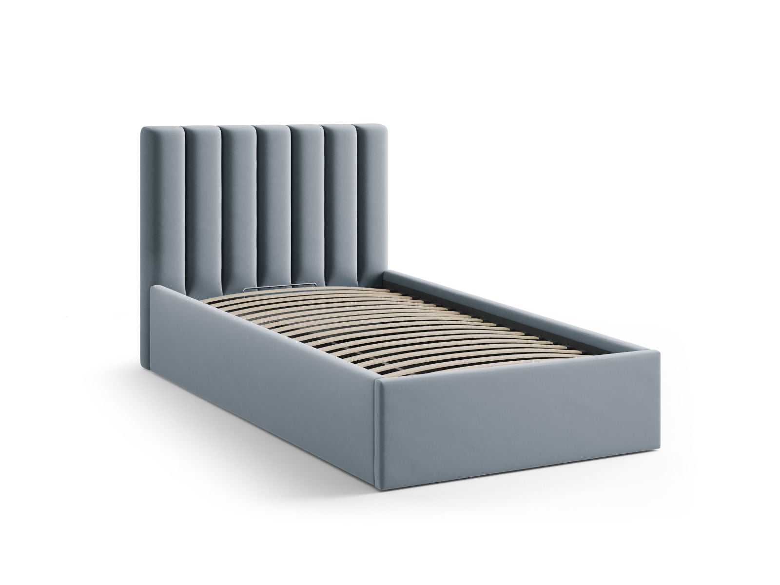 Stylisches Allison Bett in 90 cm Breite, ideal für kleine Räume, mit praktischem Stauraum und elegantem Kopfteil in sanftem Light Blue.