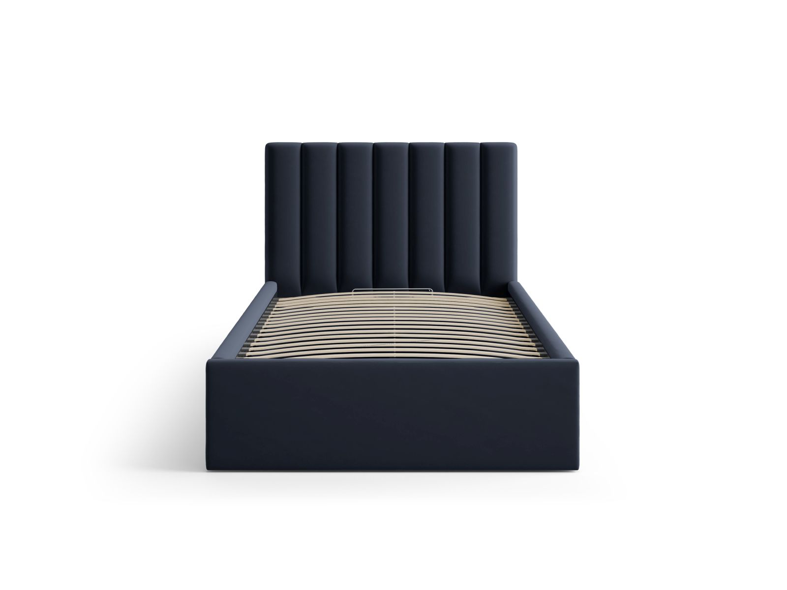 Elegantes Allison Bett mit 90 cm Breite, Stauraum und stilvollem Kopfteil in Dunkelblau, ideal für moderne Schlafzimmer.