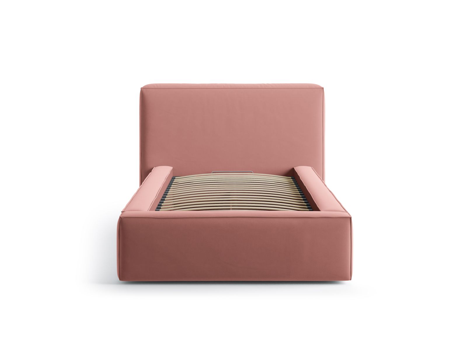 Stylisches Jodie Bett mit 90 cm Breite, Kopfteil und praktischem Stauraum in elegantem Pink-Bluvel, ideal für moderne Schlafzimmer.