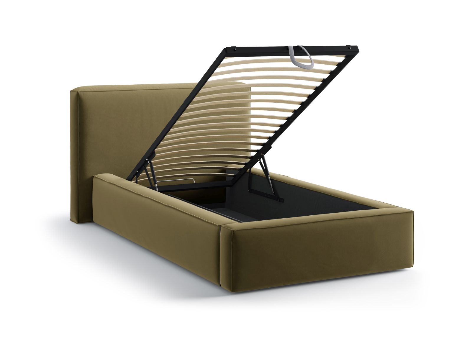 Stylisches Jodie Bett in 90 cm Breite mit praktischem Stauraum und geschmackvollem Kopfteil in Green-Bluvel, perfekt für moderne Schlafzimmer.