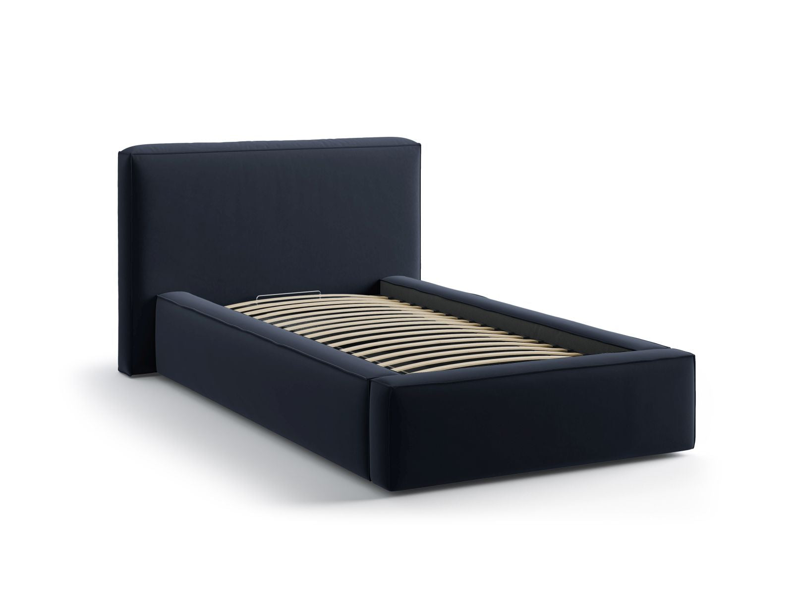 Elegantes Jodie Bett in Dunkelblau, 90 cm breit, bietet praktischen Stauraum und ein geschmackvolles Kopfteil für stilvolle Schlafzimmer.