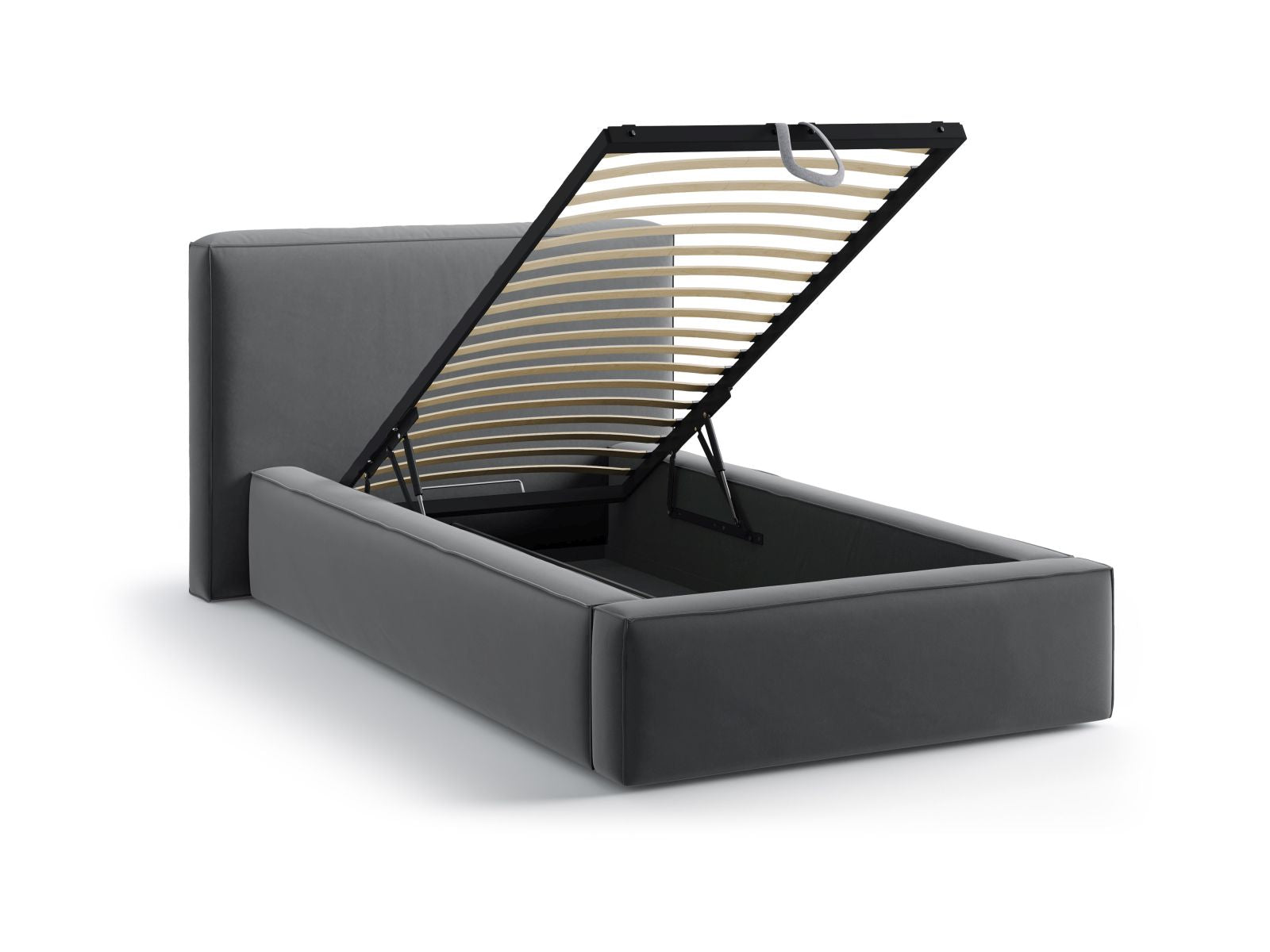 Stylisches Jodie Bett in 90 cm Breite mit praktischem Stauraum und geschmackvollem Kopfteil in Grey-Bluvel, perfekt für moderne Schlafzimmer.
