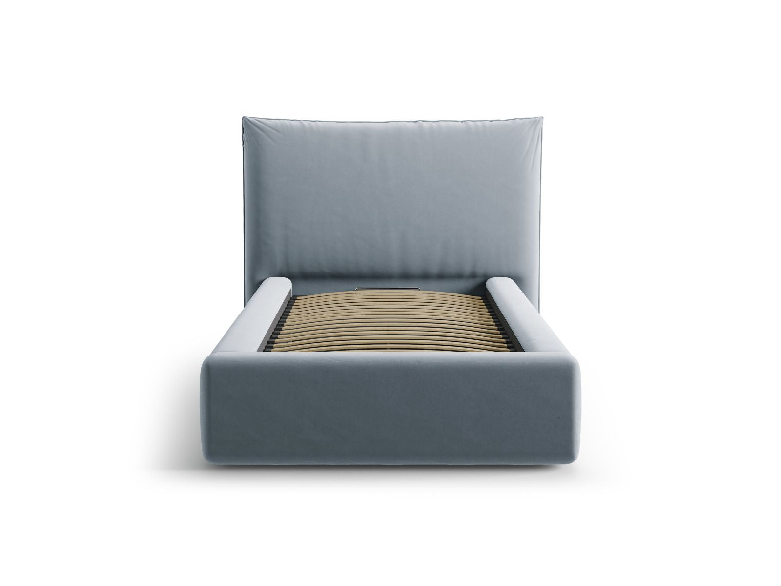 Stylisches Kaelle Bett mit praktischem Stauraum und elegantem Kopfteil in sanftem Light Blue-Bluvel, ideal für moderne Schlafzimmer.