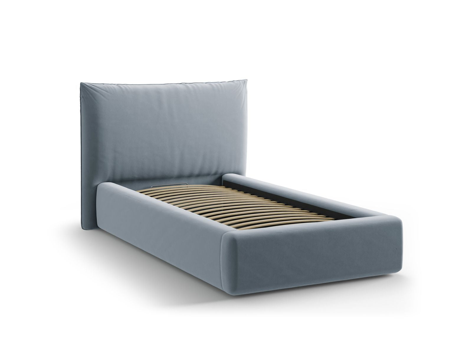 Modernes Kaelle Bett in sanftem Light Blue-Bluvel, ausgestattet mit praktischem Stauraum und einem ansprechenden Kopfteil für stilvolle Schlafzimmer.