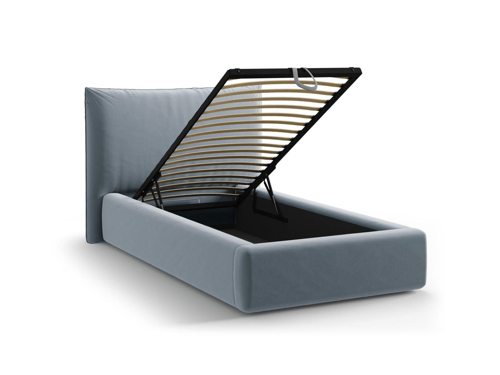 Elegantes Kaelle Bett in zartem Light Blue-Bluvel, ideal für stilvolle Schlafzimmer, bietet praktischen Stauraum und ein geschmackvolles Kopfteil.
