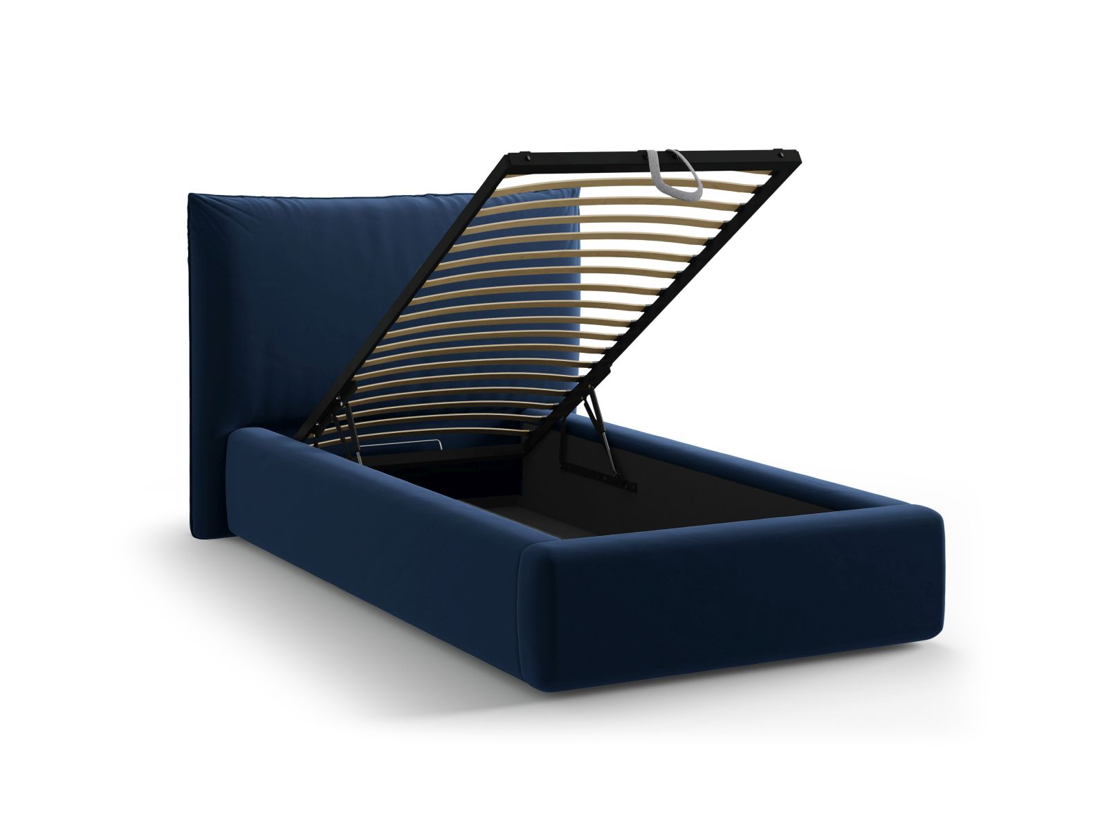 Stylisches Kaelle Bett in Royal Blue, 90 cm, mit praktischem Stauraum und modernem Kopfteil für eine elegante Schlafzimmereinrichtung.