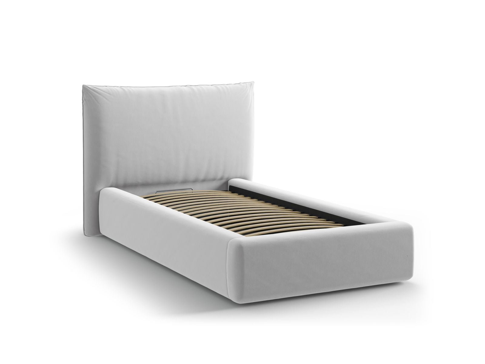 Stylisches Kaelle Bett in 90 cm Breite mit praktischem Stauraum und Kopfteil, ideal für moderne Schlafzimmer in sanftem Light Grey-Bluvel.
